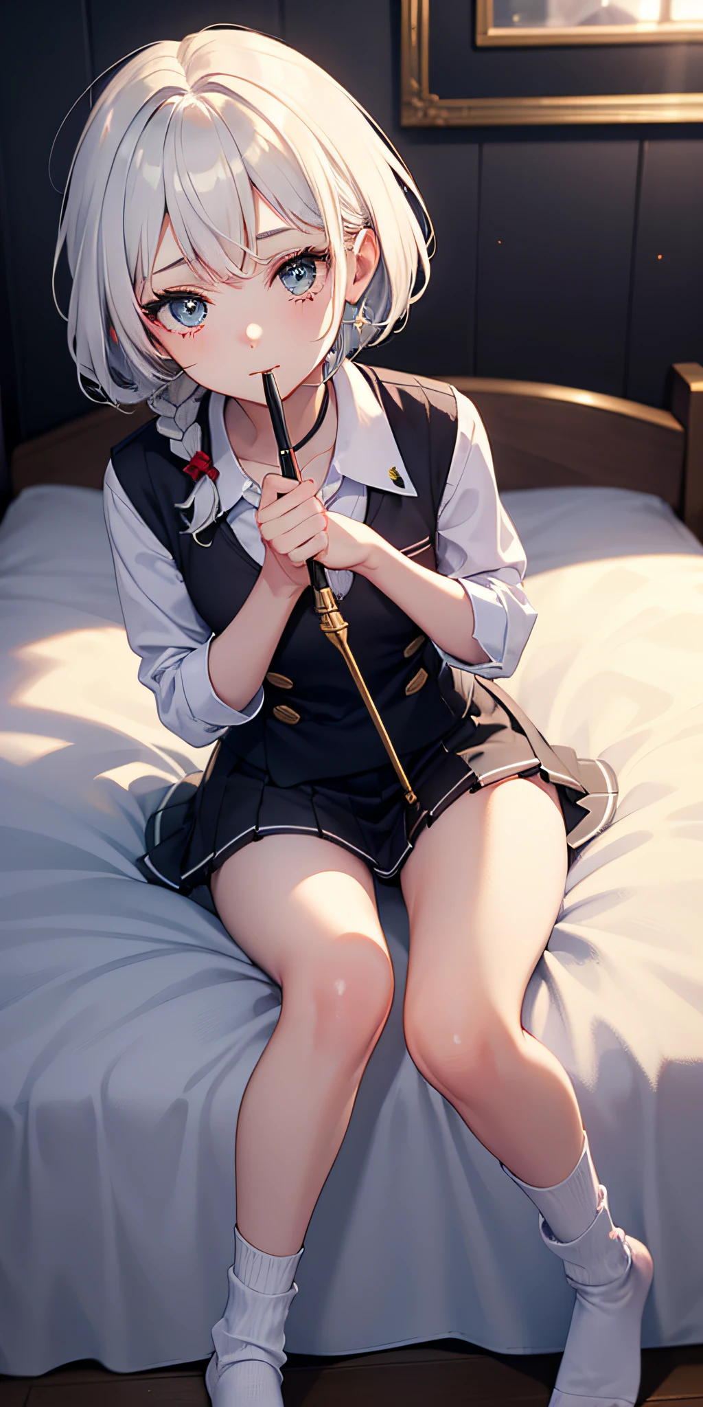 She has short white hair，Glass Hitomi，adolable，close-up all over the body，Keep your mouth shut，hyper HD，high qulity，Wear a white vest，Dull hair on the head，Wear a short skirt，A hexagonal gold brooch is worn on his ?????，The ????? is small，teens girl，Holds a magic wand in his right hand，???? legged，Wear socks，Very beautiful，15 years old，Brush a twisted braid，with fair skin，teens girl，A shy look，sit on a bed，Top angle of view，4k