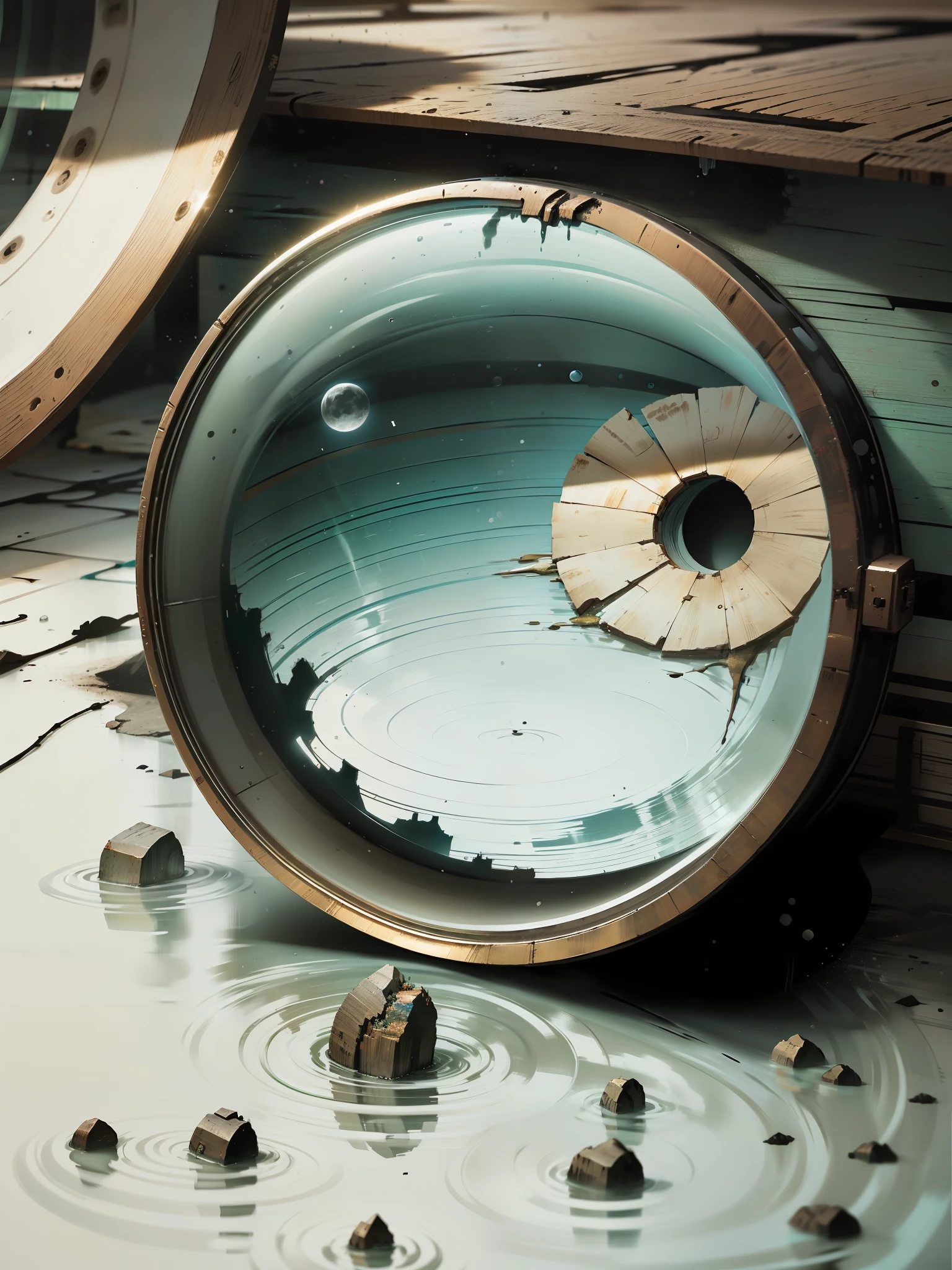 Sense of brokenness,tmasterpiece,Need,mirror surface,spacetime,realisticlying,ancient wind,waterface,Quarter Moon