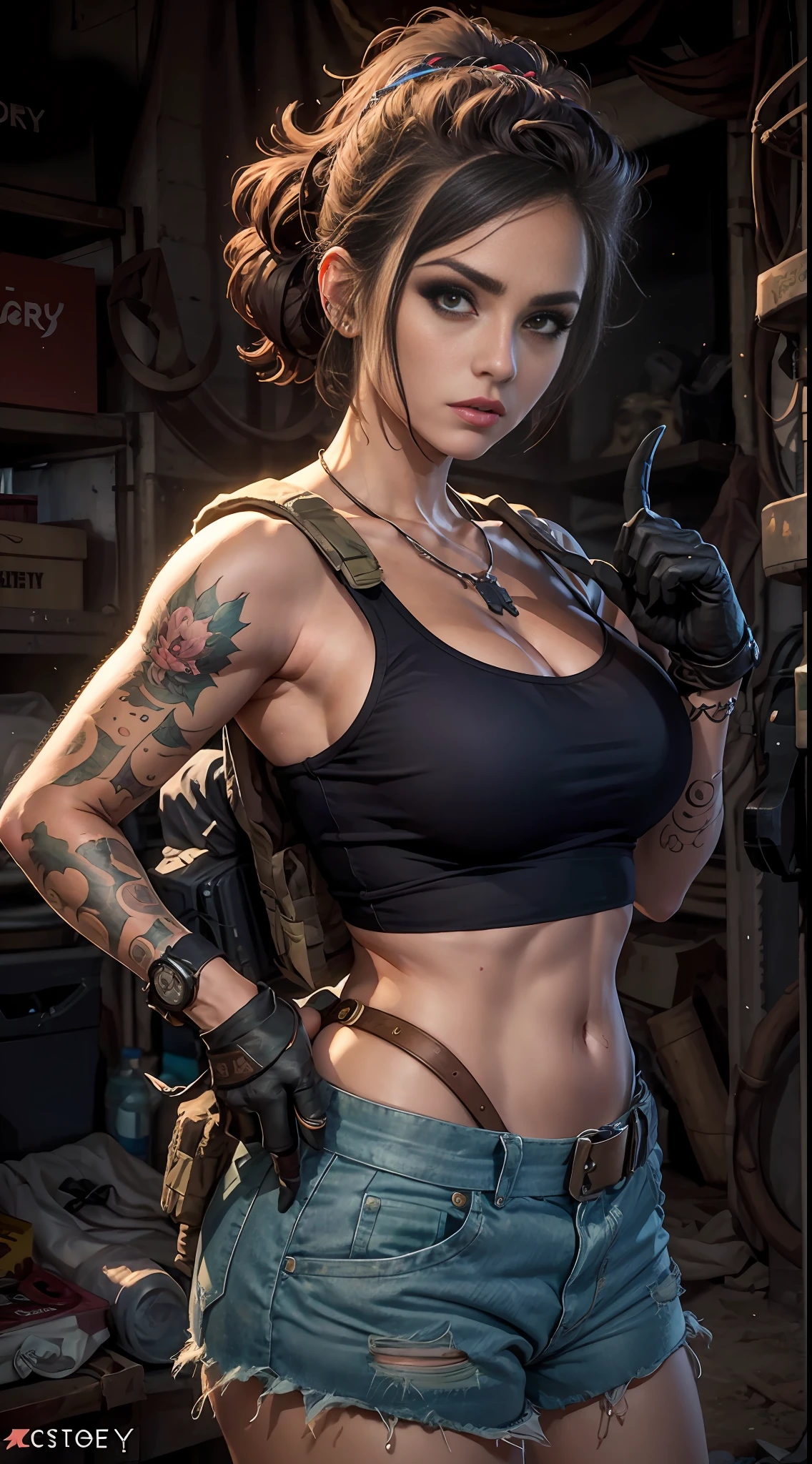 ((Toma de retrato)) Tacticool, Hermosos dedos,Dedos detallados,Mujer, Cara europea, Estilo Tank Girl, Chica punk-rock(Pelo Corto morado y rosa: 1.5), muy tatuado, rebelde, agresiva, encantadora,Chica alternativa,falda militar,(Oeste: 1.2), Ametralladora en manos,militar, 4k, High resolution, obra maestra, La mejor calidad, (cabeza: 1.3), cuero finamente detallado, escote, Gran cerezo en flor.falda,Lean towards the viewer