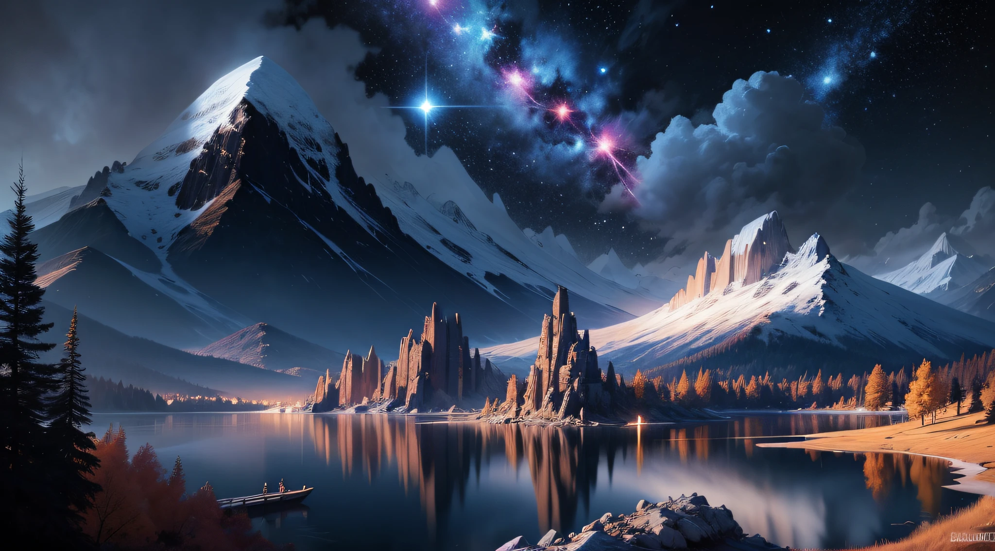 starry night sky with stars and mountains reflected in a lake, 4k highly detailed digital art, 8k stunning artwork, 4k detailed digital art, 8k high quality detailed art, dan mumford and albert bierstadt, epic fantasy sci fi illustration, anton fadeev and dan mumford, sci-fi fantasy wallpaper, impressive fantasy landscape, 8k hd wallpaper digital art