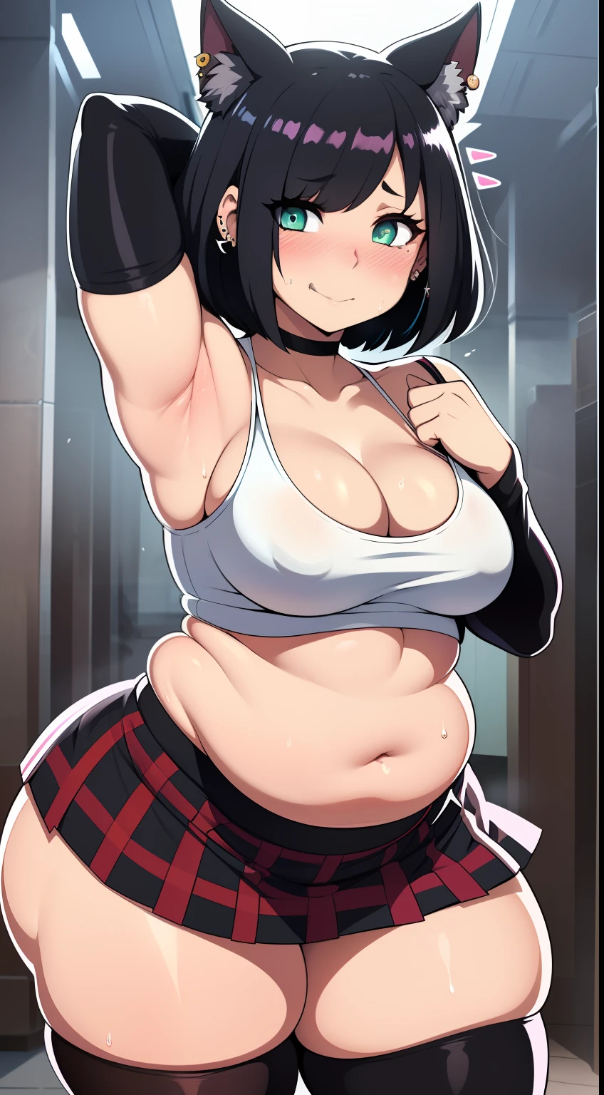(((kipteitei art))), ((masterpiece)), (((best quality))), ((ultra-detailed)), (((illustration))), (1girl), (solo), ((Line art)), (in the style of cell shaded), (vivid colors), skindentation, short hair, {black hair}, ((hair over one eye)), (Fluffy hair), messy hair, looking at viewer, green eyes, (((blush))), warm smile, masochism, ((sexually suggestive)), nervous, affectionate, cute, goth girl, sweating, out of breath, ear piercing, choker, ((black crop top)), plaid skirt, (short skirt), thigh highs, black arm warmers, medium breasts, cleavage, (((wide hips))), (((((thick thighs))))), (fat ass), (pudgy belly), belly rolls, ((((belly grab)))), navel, dynamic pose, standing, (in public), she is turned on by her belly, town, street