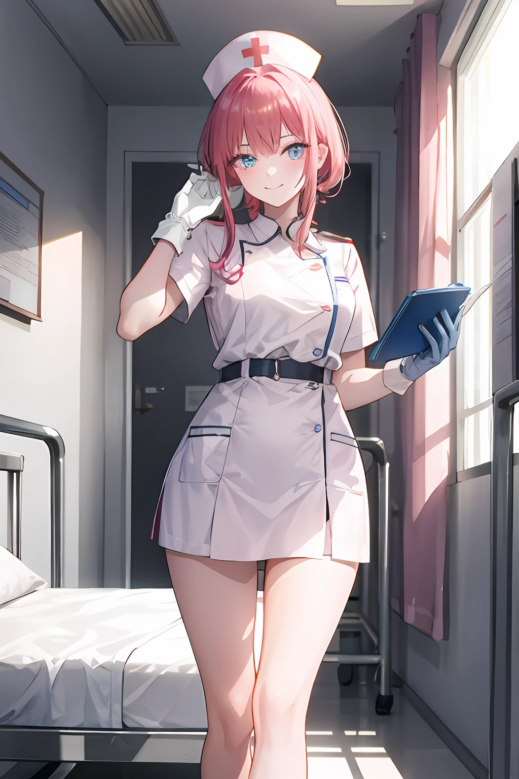 master piece, beste-Qualit, detailded, seulement, 1fille, nurse, bas, seductive pose, nurse cap, rideaux de poitrine, Gants, Souriant, attentive, compatissant, interagir, amical, chaleureux, hospital, Medical Clinic, nursing position, chevet du patient, salle de traitement, Medical equipment, fournitures, hospital beds, moniteurs, medicaments, patient, Colleagues, traditionnel, bleu clair, protecteur, background, cadre, medical, clinique, chevet, traitement, equipment, fournitures, hospital bed, moniteur, medicaments, masque chirurgical, Cheveux courts, seins moyens, beaux yeux bruns, décolleté, gros seins, transpiration, rougissement, respiration lourde, masque chirurgical, Medical gloves, lingerie, bas, seductive pose, (Pluie), rideaux de poitrine,