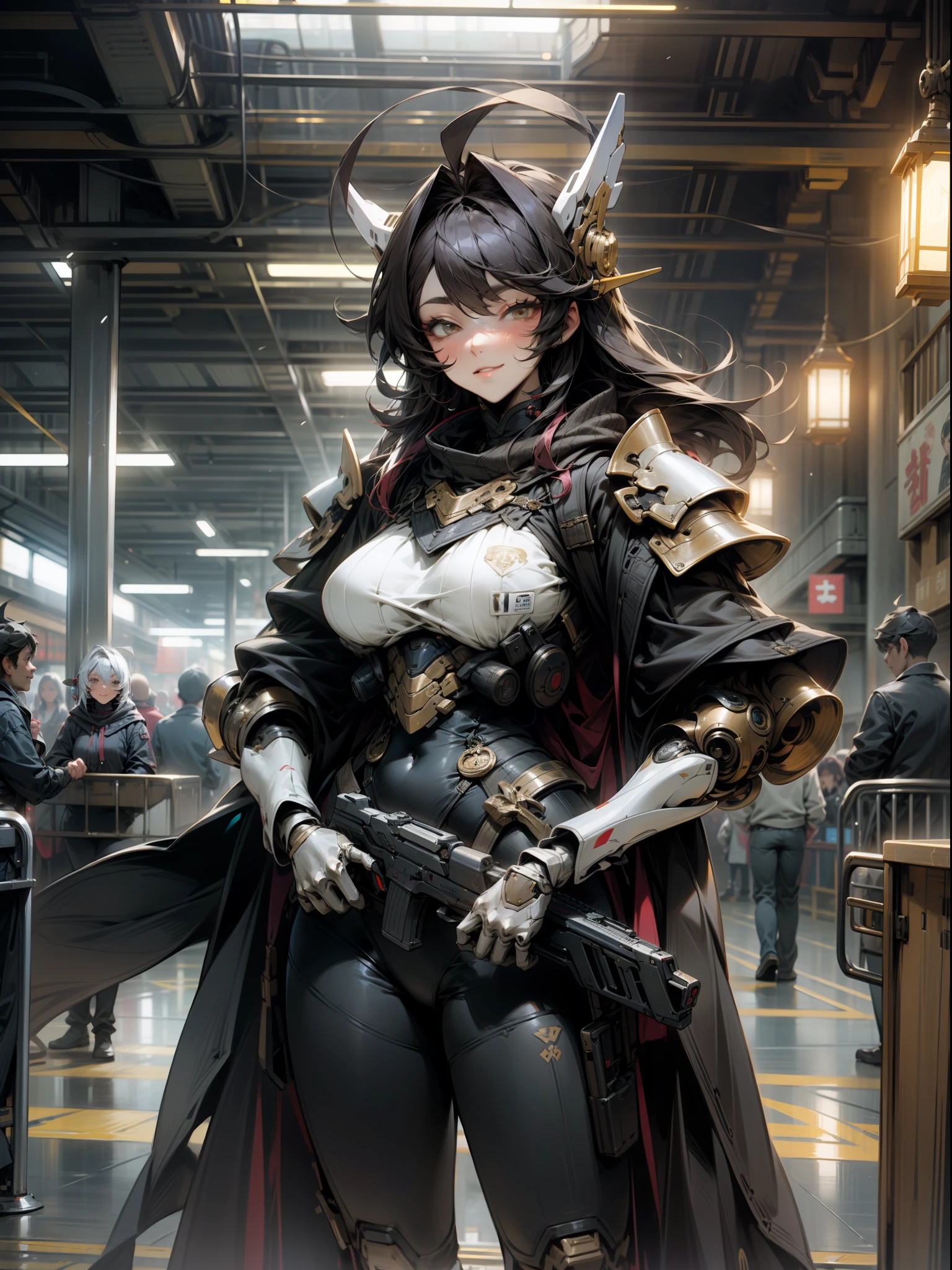 Full Armor Mecha Lady、One arm is a machine gun、Laser beam gun、Variable fighter、super giant breast, Super Super Super super huge breasts、A dark-haired、The long-haired、Ahoge、smil、spaceships、an alien、Beautiful woman with long face、Colossal tits、爆乳、Weapon-interchangeable firearms、frontage、Shooting、Shooting、married woman、widow、surgery、Samurai、System Dynamics、Facing the front、Tap dancing、Disney land、theme park、lady、adult lady、