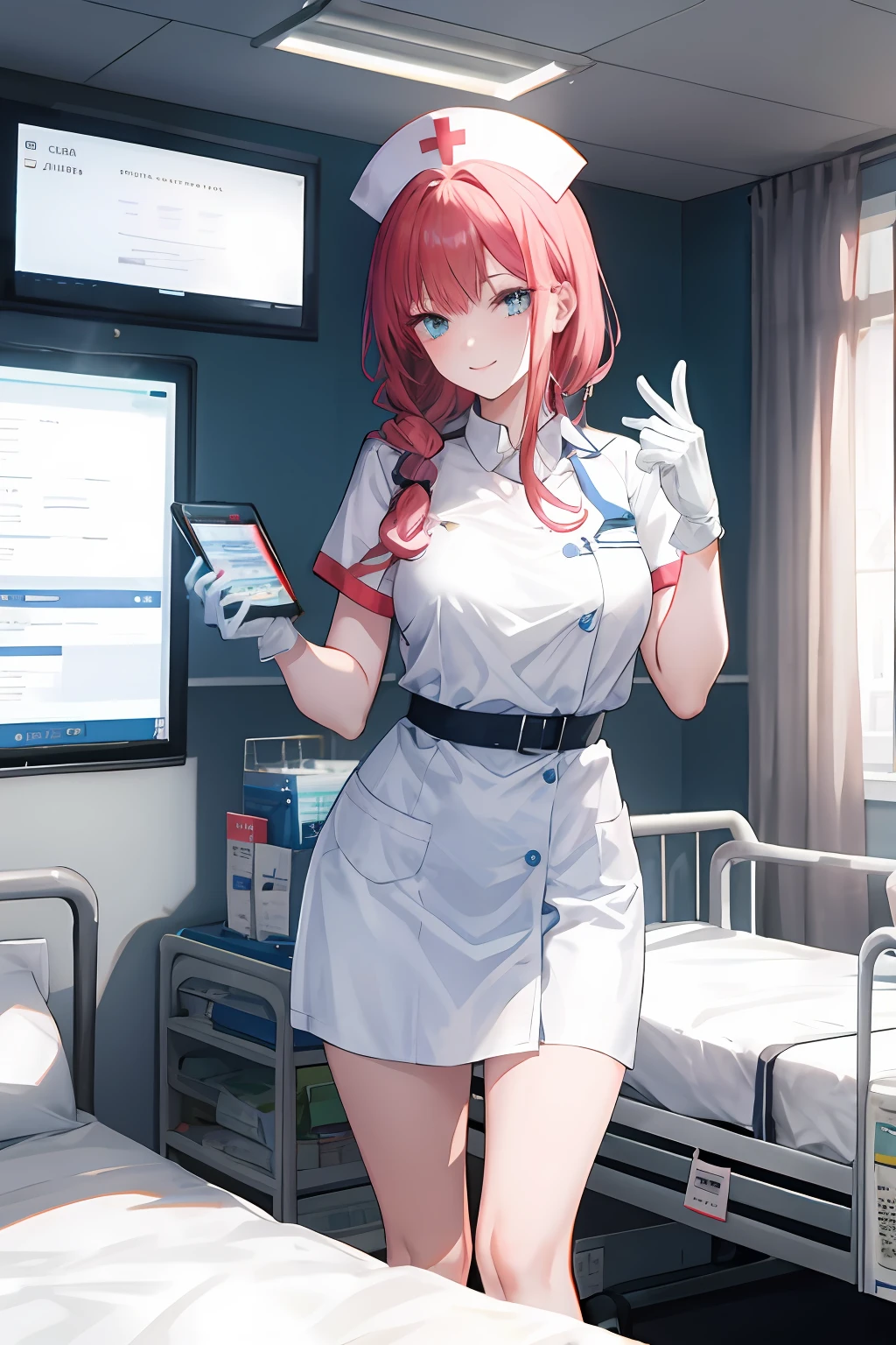 master piece, beste-Qualit, detailded, seulement, 1fille, nurse, bas, seductive pose, nurse cap, rideaux de poitrine, Gants, Souriant, attentive, compatissant, interagir, amical, chaleureux, hospital, Medical Clinic, nursing position, chevet du patient, salle de traitement, Medical equipment, fournitures, hospital beds, moniteurs, medicaments, patient, Colleagues, traditionnel, bleu clair, protecteur, background, cadre, medical, clinique, chevet, traitement, equipment, fournitures, hospital bed, moniteur, medicaments, masque chirurgical, Cheveux courts, seins moyens, beaux yeux bruns, décolleté, gros seins, transpiration, rougissement, respiration lourde, masque chirurgical, Medical gloves, lingerie, bas, seductive pose, (Pluie), rideaux de poitrine,