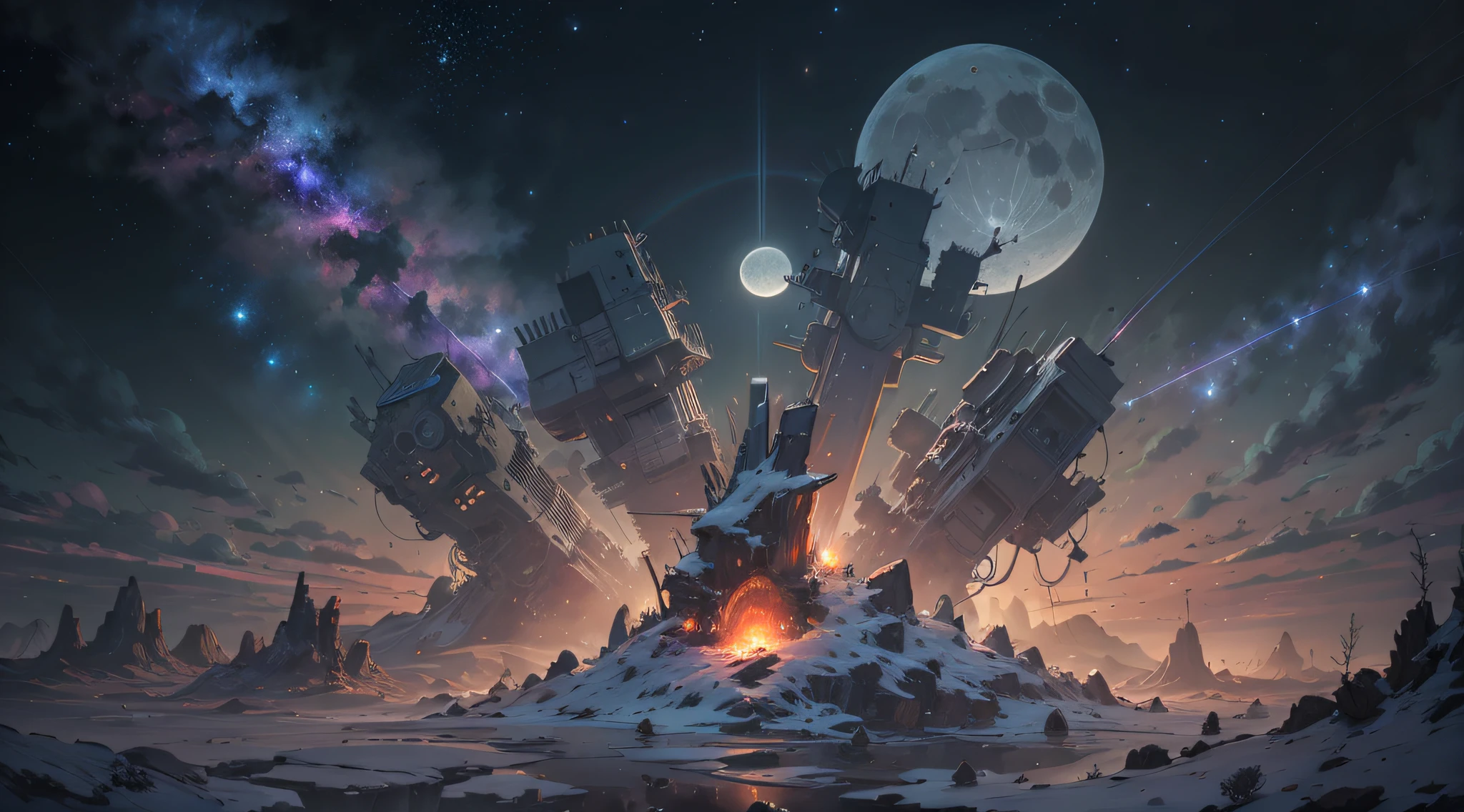 Expansive landscape photography, (See below.), Above is the sky, Below is an open field), (Full Moon: 1.2), (Meteor: 0.9), (Nebula: 1.3), distant mountain, BREAK tree making art, (Warm light source: 1.2), (Firefly: 1.2), lights, Very purple and orange, complicated detail, volume lighting, BREAK realism (Masterpiece: 1.2), (best quality), Ultra-detailed, RAWExtremely detailed, Colorful details,  (Rainbow colors: 1.2), (bright lighting, atmospheric lighting), Dreamlike, Magical, 4k
