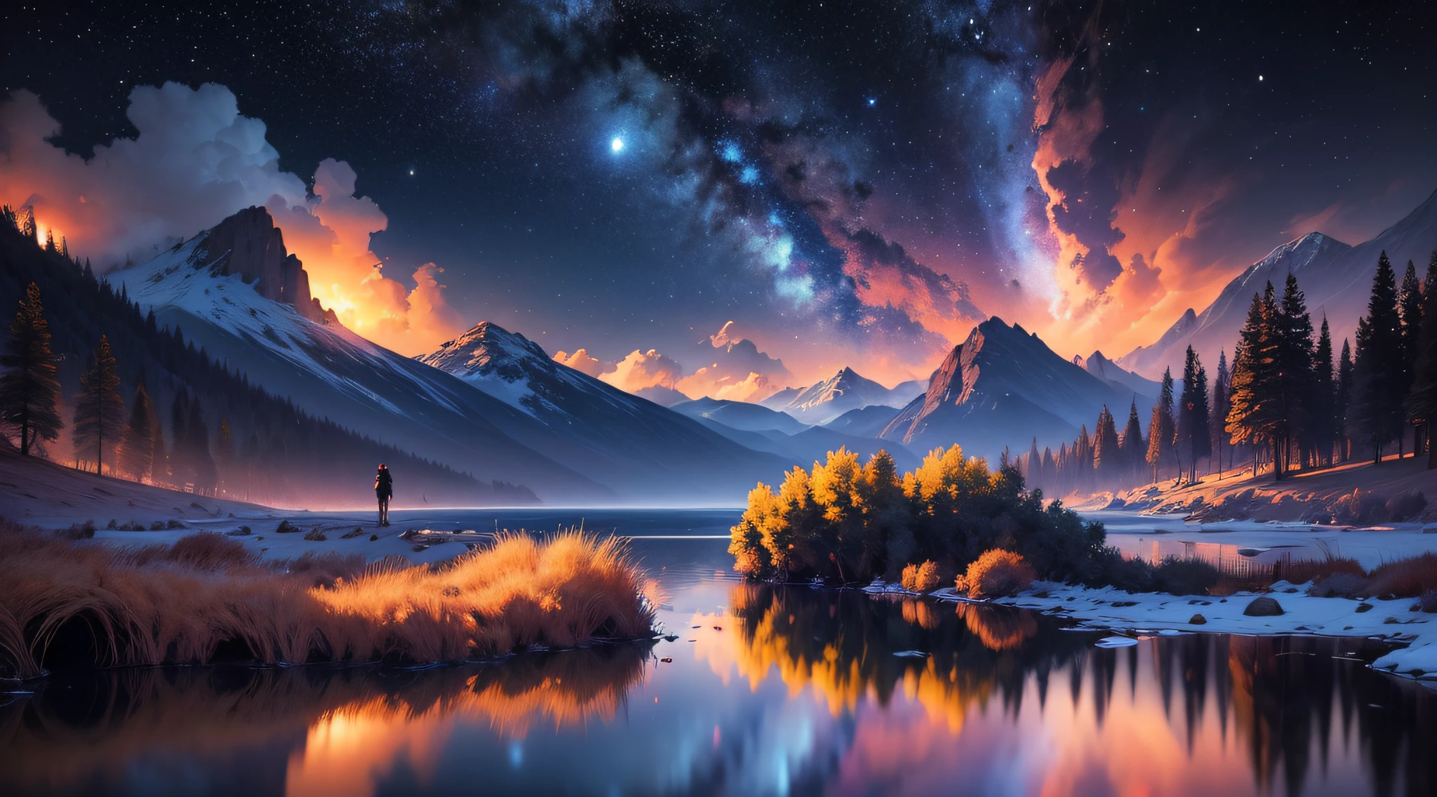 starry night sky with stars and mountains reflected in a lake, 4k highly detailed digital art, 8k stunning artwork, 4k detailed digital art, 8k high quality detailed art, dan mumford and albert bierstadt, epic fantasy sci fi illustration, anton fadeev and dan mumford, sci-fi fantasy wallpaper, impressive fantasy landscape, 8k hd wallpaper digital art