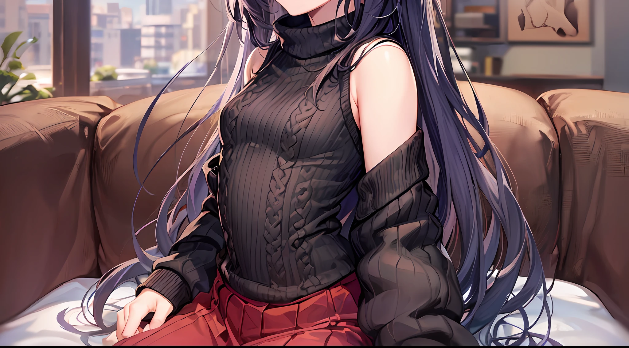 ((Chest Opening Turtleneck Off Shoulder Sweater)) 、 Long black hair with slightly wavy hair、Black eyes、4kpicture quality、Superlative quality、((Top-notch image quality))、Neat and clean girls、beautiful a girl、Anime image quality、Erotic look、Ero、fullbody image、double tooth、Energetic child、cute little