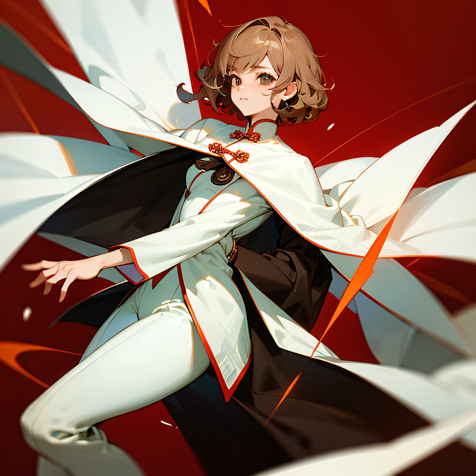 quadratic element,White suit,White cape,Short brown curly hair,chinese style, --auto