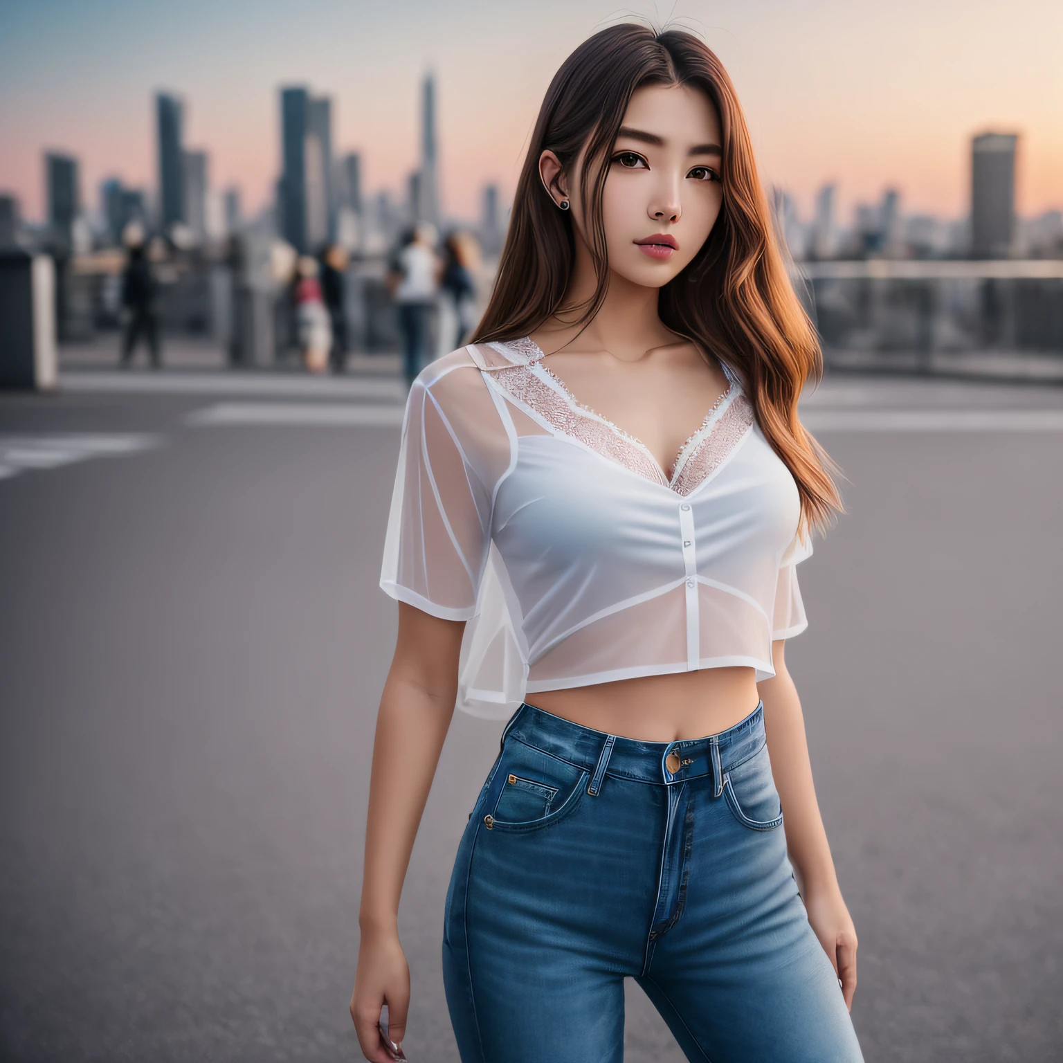 Nikon RAW Photo, 8 k, Fujifilm XT3, Masterpiece, Best Quality, Realistic, Realistic, Ultra Detailed, 1 Girl, Solo,
Portrait of upper body, close-up photo,
Standing, beautiful sky, (white transparent shirt), black lace bra, jeans, city street,
Suzy1, --auto