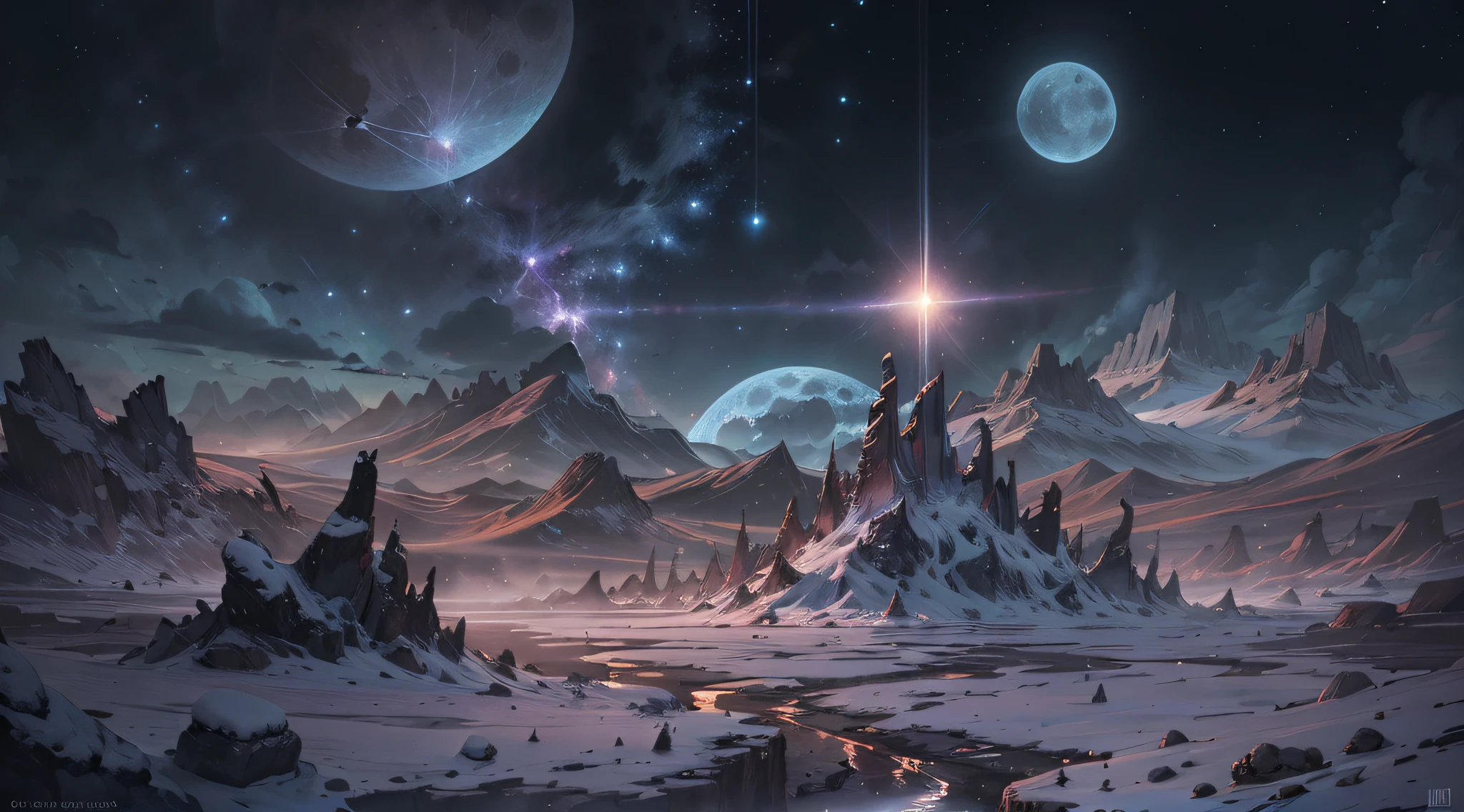 Expansive landscape photography, (See below.), Above is the sky, Below is an open field), (Full Moon: 1.2), (Meteor: 0.9), (Nebula: 1.3), distant mountain, BREAK tree making art, (Warm light source: 1.2), (Firefly: 1.2), lights, Very purple and orange, complicated detail, volume lighting, BREAK realism (Masterpiece: 1.2), (best quality), Ultra-detailed, RAWExtremely detailed, Colorful details,  (Rainbow colors: 1.2), (bright lighting, atmospheric lighting), Dreamlike, Magical, 4k