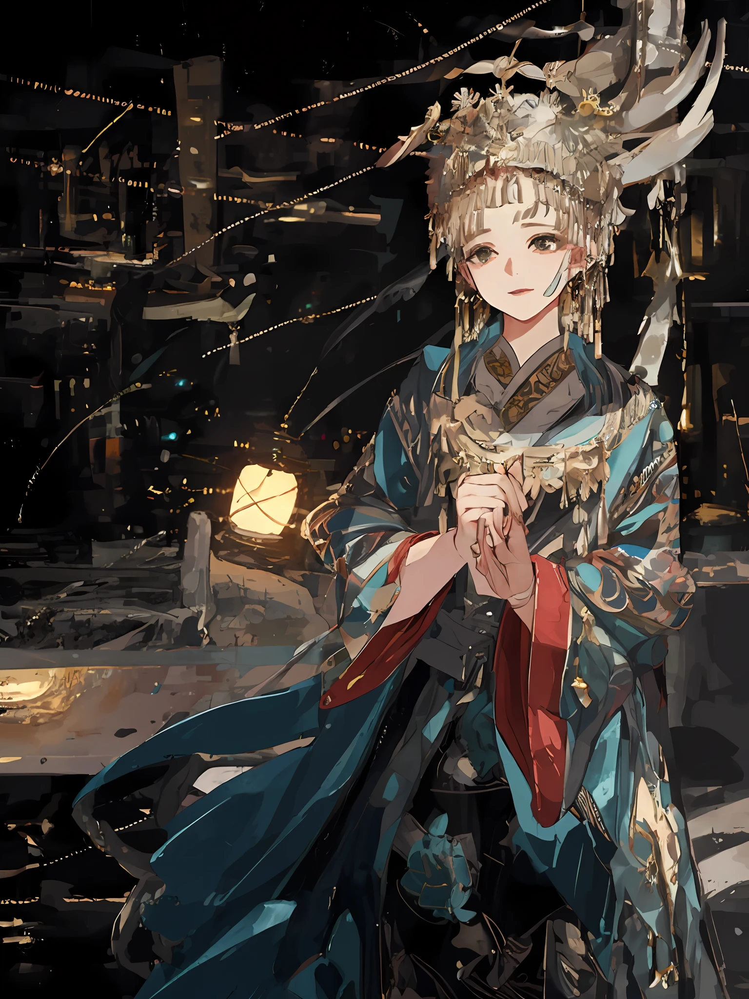 an illustration of a woman in traditional chinese costume, in the style of anime aesthetic, 32k uhd, blink-and-you-miss-it detail, beautiful, anime-inspired characters, beige and aquamarine, close-up,