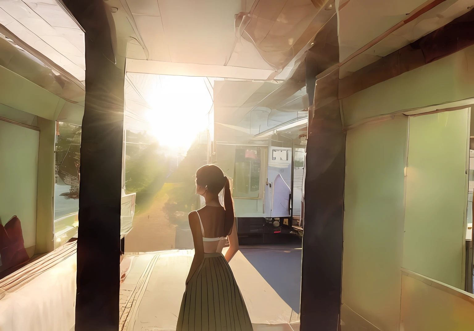 Summer Photos、Stand in a narrow train that follows perspective、Young Japan woman in short cut、Check Long Skirt、Thin white knitwear jacket to match the body line、shorth hair、small tits、Beautiful skins、Best Rendering、short-cut、hali々and standing in posture、Sunlight is coming in from behind her、Shadows are formed、Best Rendering