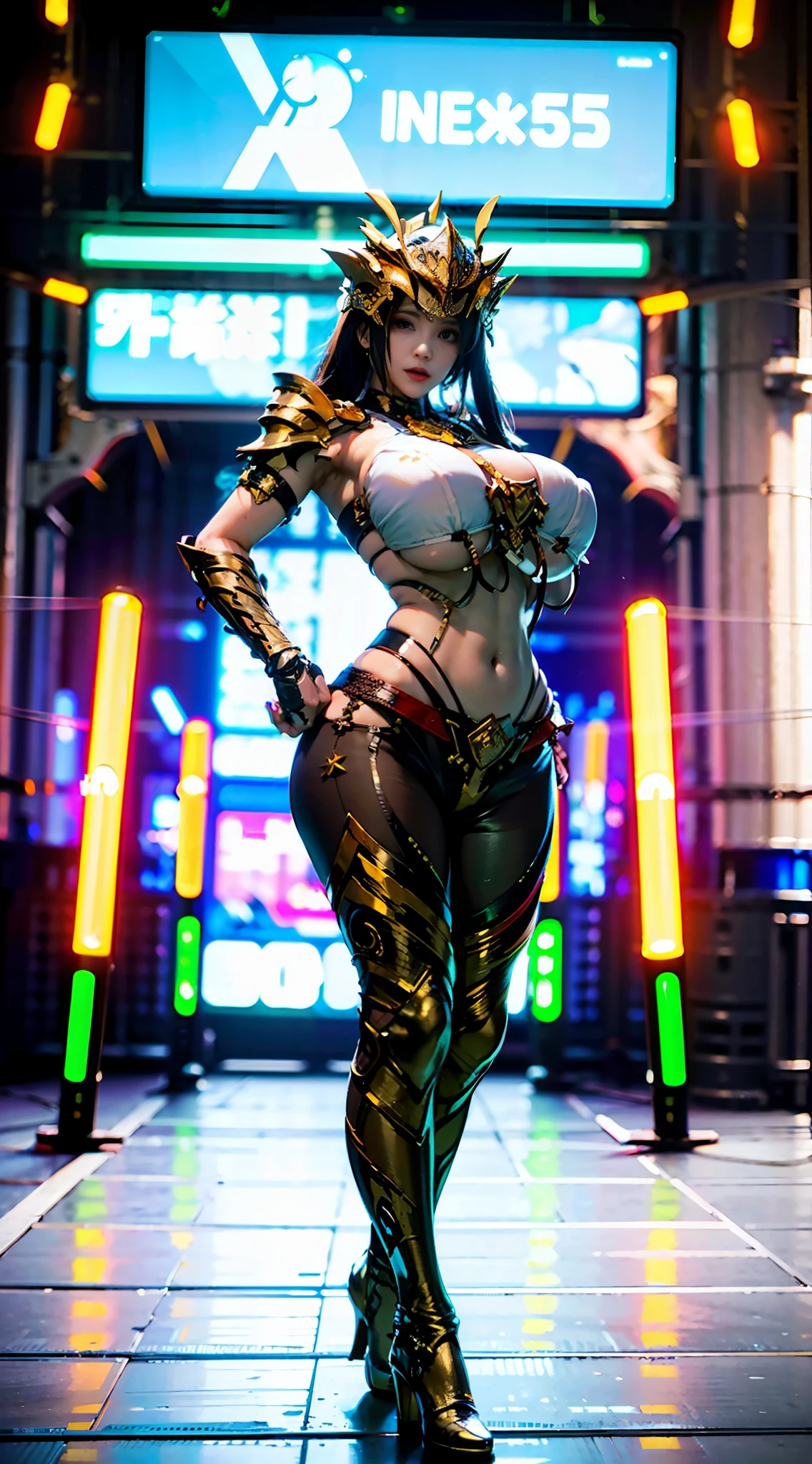 ((Unreal Engine 5)), Realistic Rendering, Excellent, lights on armor, cybernetic headwear, helm, (Yoga Pants), looking on viewer, posing walkdown on street, beautiful face, makeup, (photorealism:1.2), ultrarealistic uhd face, (huge fake boobs:1.4), (gigantic breasts:1.1), (muscle abs), (big butt), (wide hips), (thick thighs), slim waist, hourglass figure, full body, ((glowing skin)), ((shiny skin)), Realistic body, ((she is sexy)), ((clean skin)), photorealistic, bokeh, masterpiece, highres, 1080P.