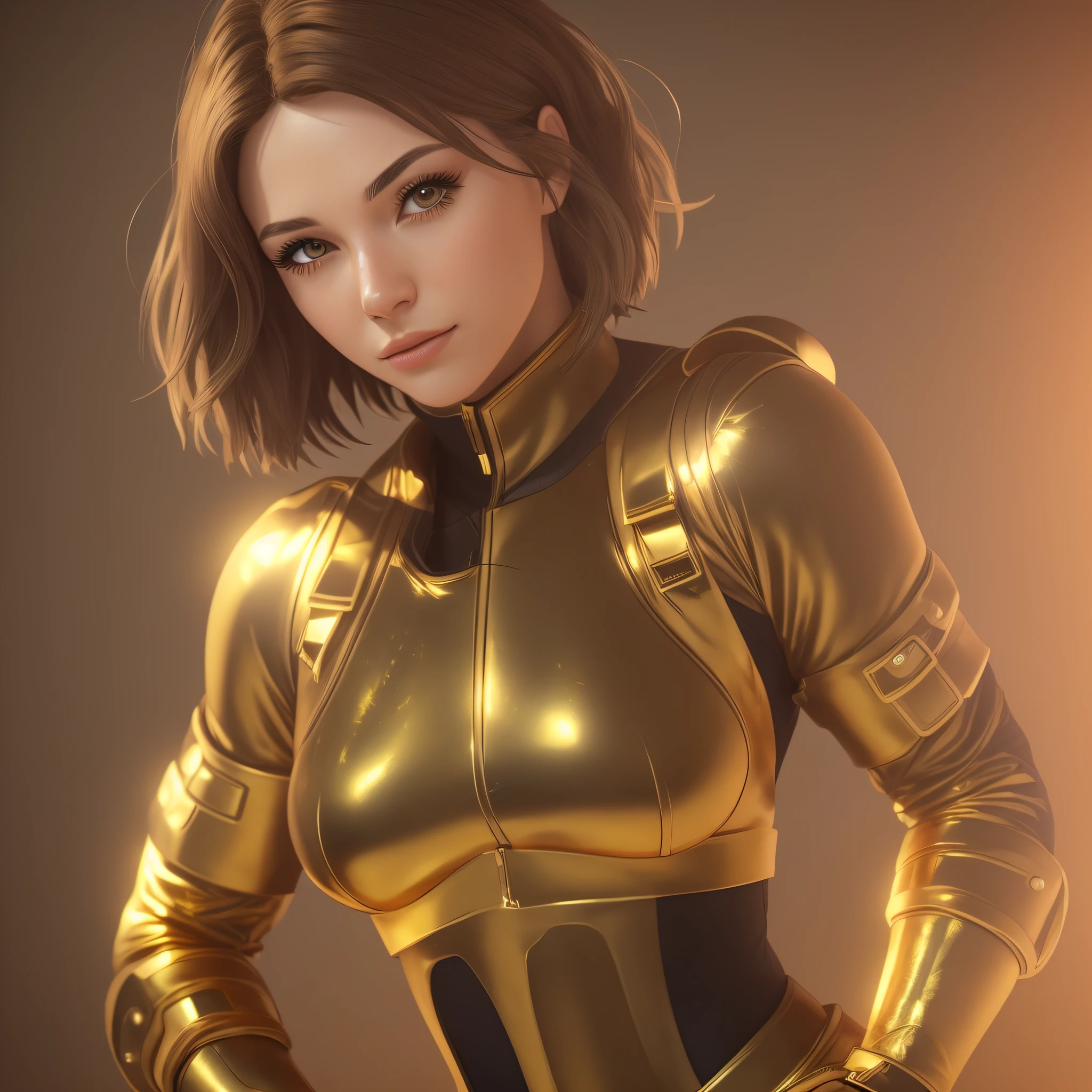 a close up of a woman in a gold outfit posing for a picture, 3 d render character art 8 k, smooth gold skin, adventure hyper realistic render, smooth digital concept art, artgerm ; 3d unreal engine, 8k portrait render, smooth 3d cg render, portrait armored astronaut girl, 8k high quality detailed art, super detailed render