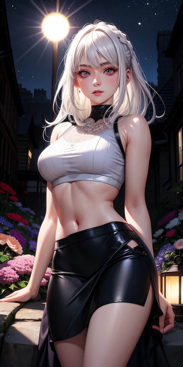 realistic, 1girl, white hair, purple eyes, glowing eyes, crop top, skirt, parted lips, blush, night, flowers, sun, sunlight,