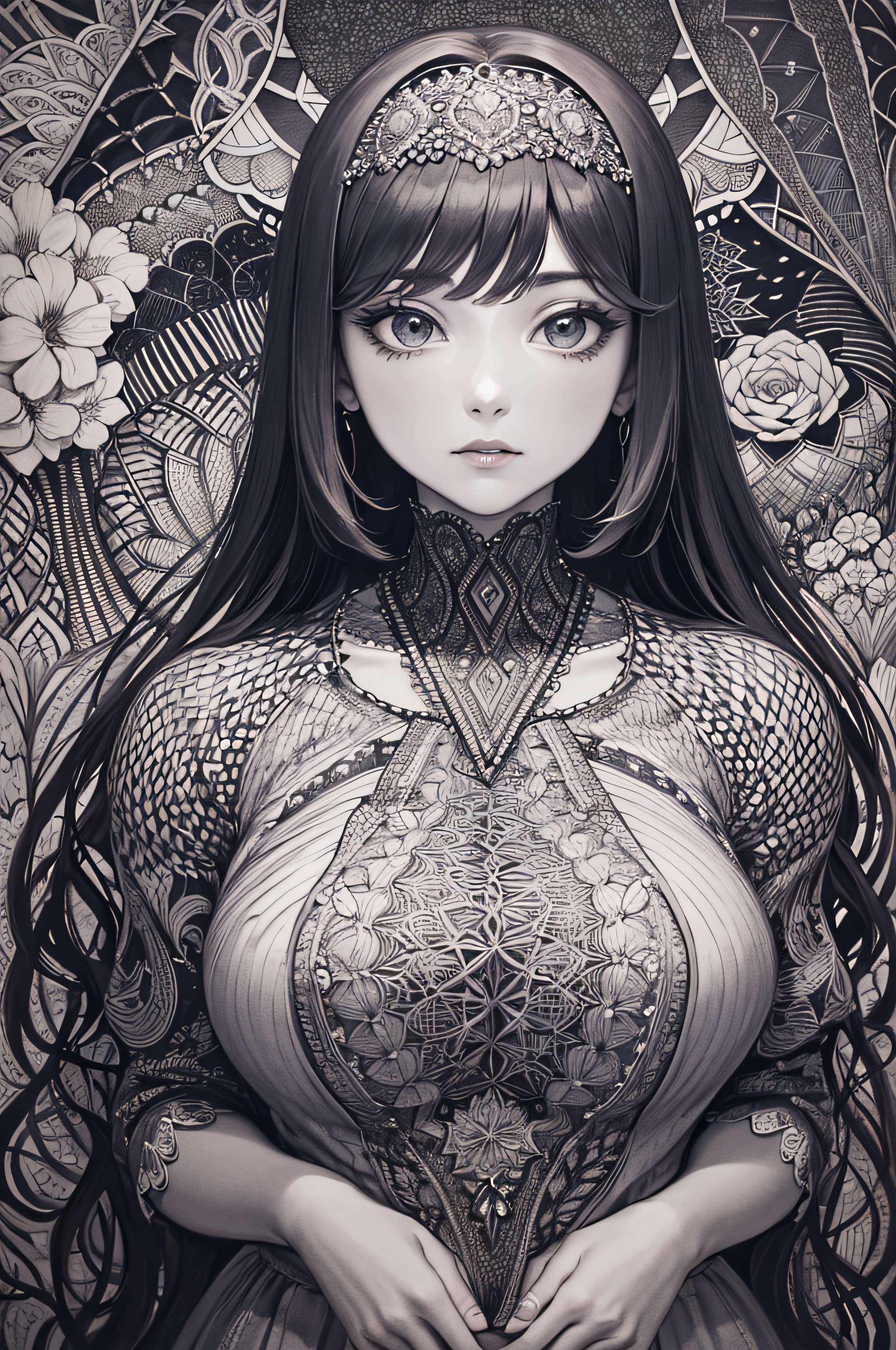 absurdres, highres, ultra detailed, (ultra-detailed background, detailed background), extremly detailed, 1girl, bunch of flowers, (zentangle:1.2), (geometric:1.2),