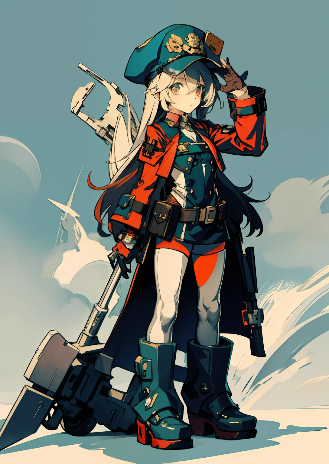 guilty gear art style,  Military equipment,delicated，Standing painting，low saturation colors