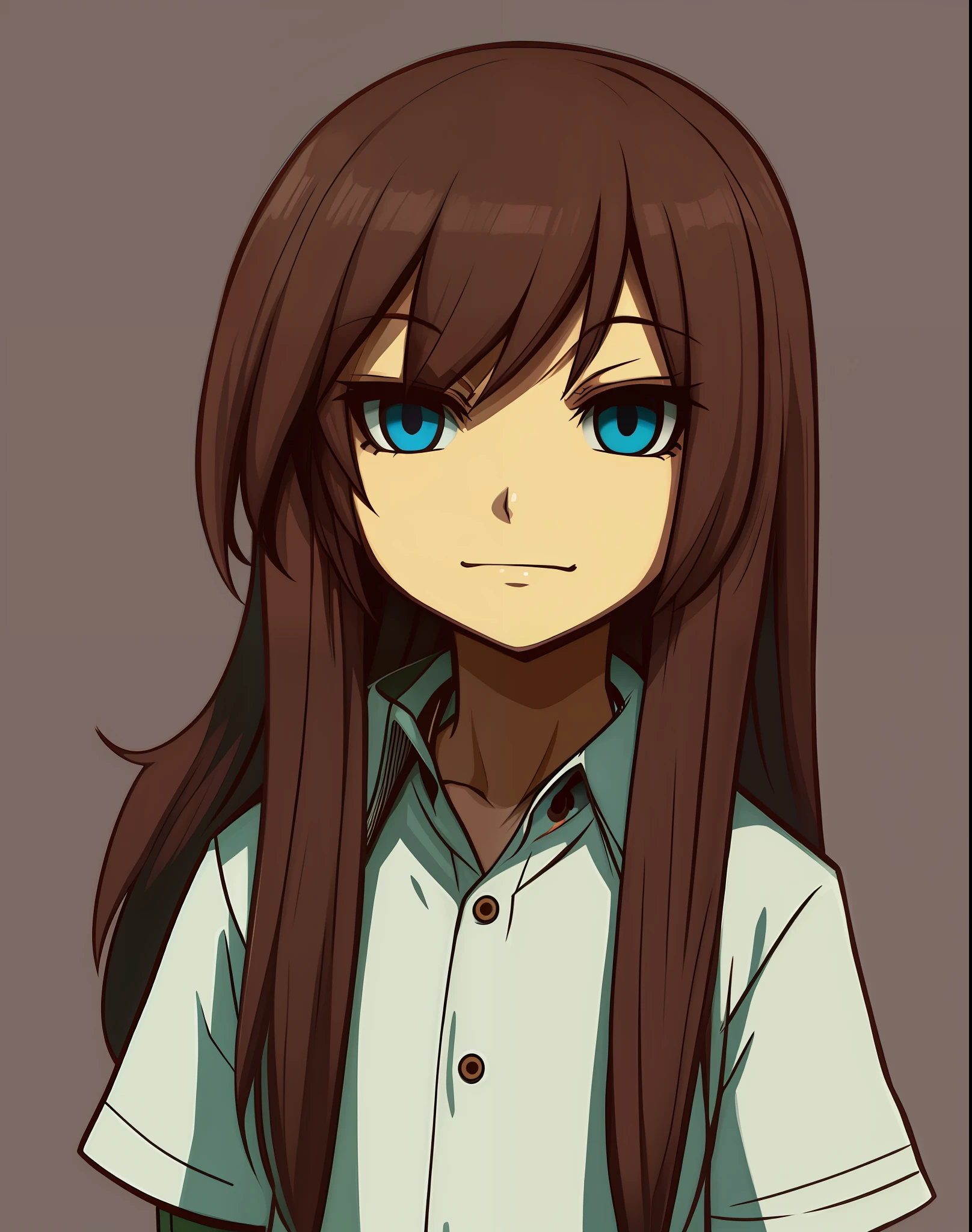anime com longos cabelos castanhos e olhos azuis, Kurisu Makise, anime moe artstyle, Makise Kurisu, Iwakura Lain, Meninaime chamada Lucy, Ilya Kuvshinov com cabelo longo, smirk expression, Menina animeabelo longo, inspirado em Yuki Ogura, Kurisu Makise Steins Gate Anime, (menina anime)