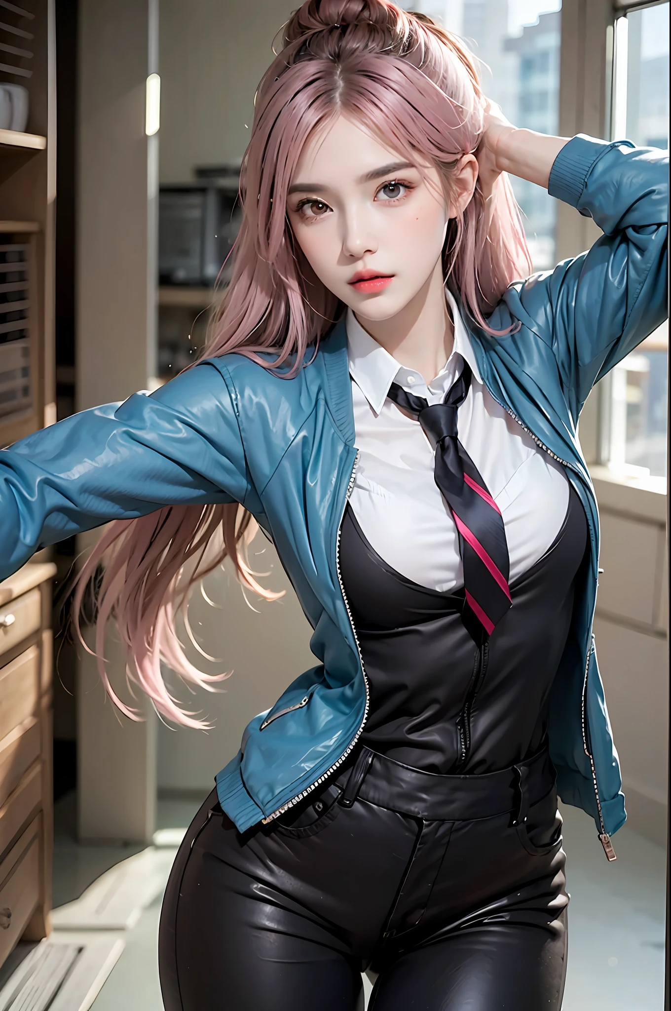 photorealistic, high resolution, 1 girl, hips up, beautiful eyes,power \(csm\), pink hair, symbol-shaped pupils, cross-shaped pupils, blue jacket, collared shirt, black necktie, black pants