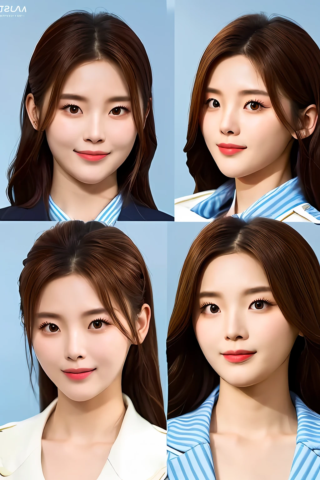 A Korean girl with slightly upturned eyebrows, eyes like a crescent moon, a high nose, and a face shaped like melon seeds