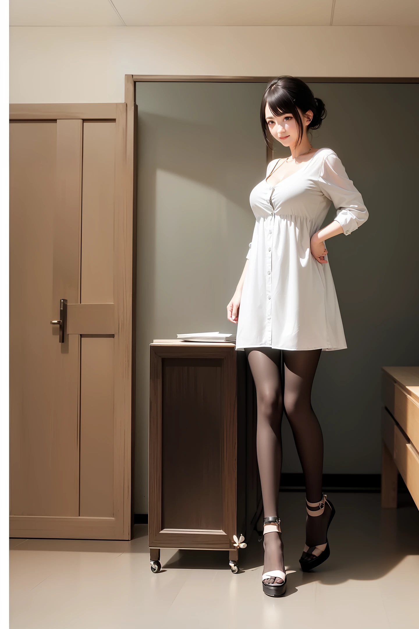 ((Best Picture Quality, 8k, tmasterpiece:1.3)), 1girl, Beautiful woman with slender abs:1.3, (Casual hairstyle, No leakage of big breasts: shift dresses:1.1, Ultra-fine face, A detailed eye, 二重まぶた,ssmile,Home