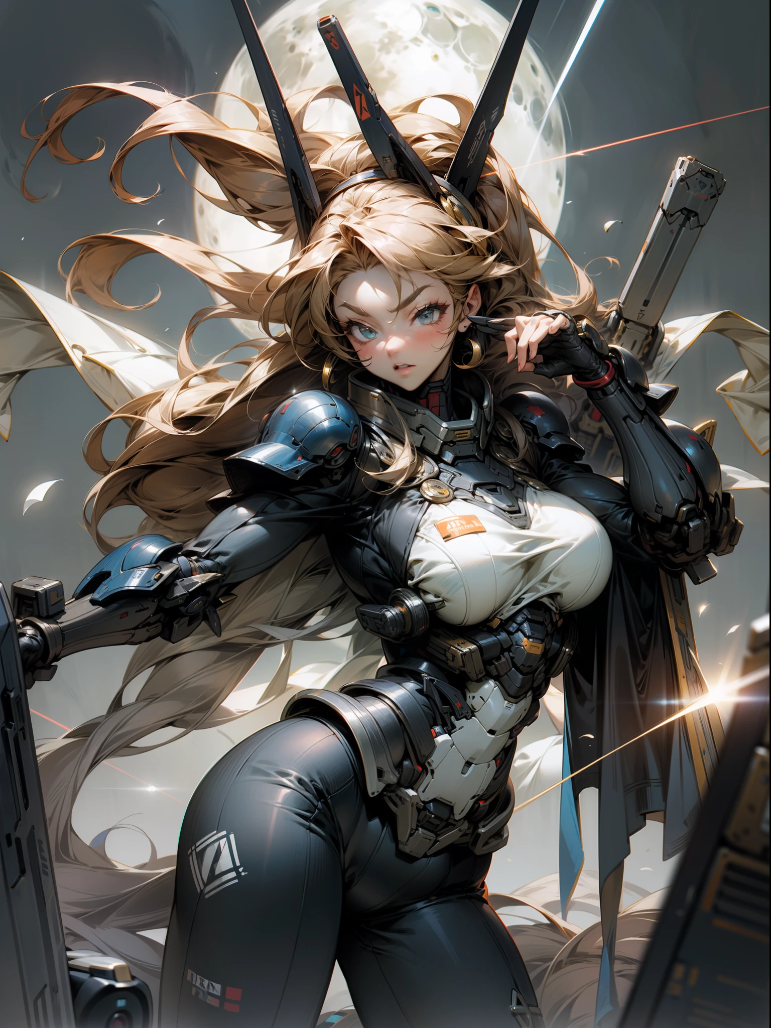 Full Armor Mecha Lady、One-armed submachine gun、Moon Dancer、battle field、Laser beam gun、Variable fighter、super giant breasted、 Super Super Super super huge breasts、Huge breasts,Powered Suit Girl Gathering、Huge vise arms、invader、