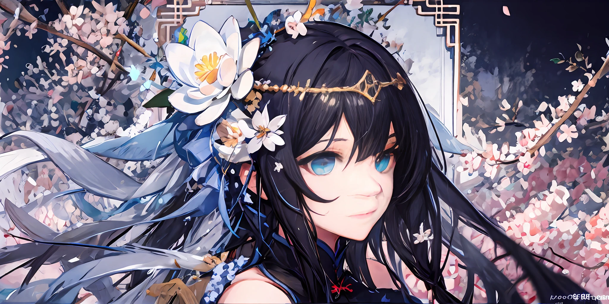 (illustration:1.8),(best quality),(masterpiece:1.5),masterpiece,png,(extremely detailed CG unity 8k wallpaper), (colorful),warm,Chinese style,(ink splashing),(color splashing),((watercolor)),(1 Chinese girl:1.8),solo, depth of field,dramatic angle,(Silver detailed cyan_ribbon and white flowers in the girl's long black_hair:1.25), (detailed black_hair:1.35), ,((gold_black Taoist robes:1.35)),(braid), (detailed beautiful face:1.3),detailed symmetrical_Blue_eyes,,
(Ancient palace background far away:1.55),A slight light, (pink flower:1.2),chiaroscuro, ((lotus) in beautiful detailed flowing_clouds_sea:1.3), Rayleigh scattering,(feather headdress:1.15)