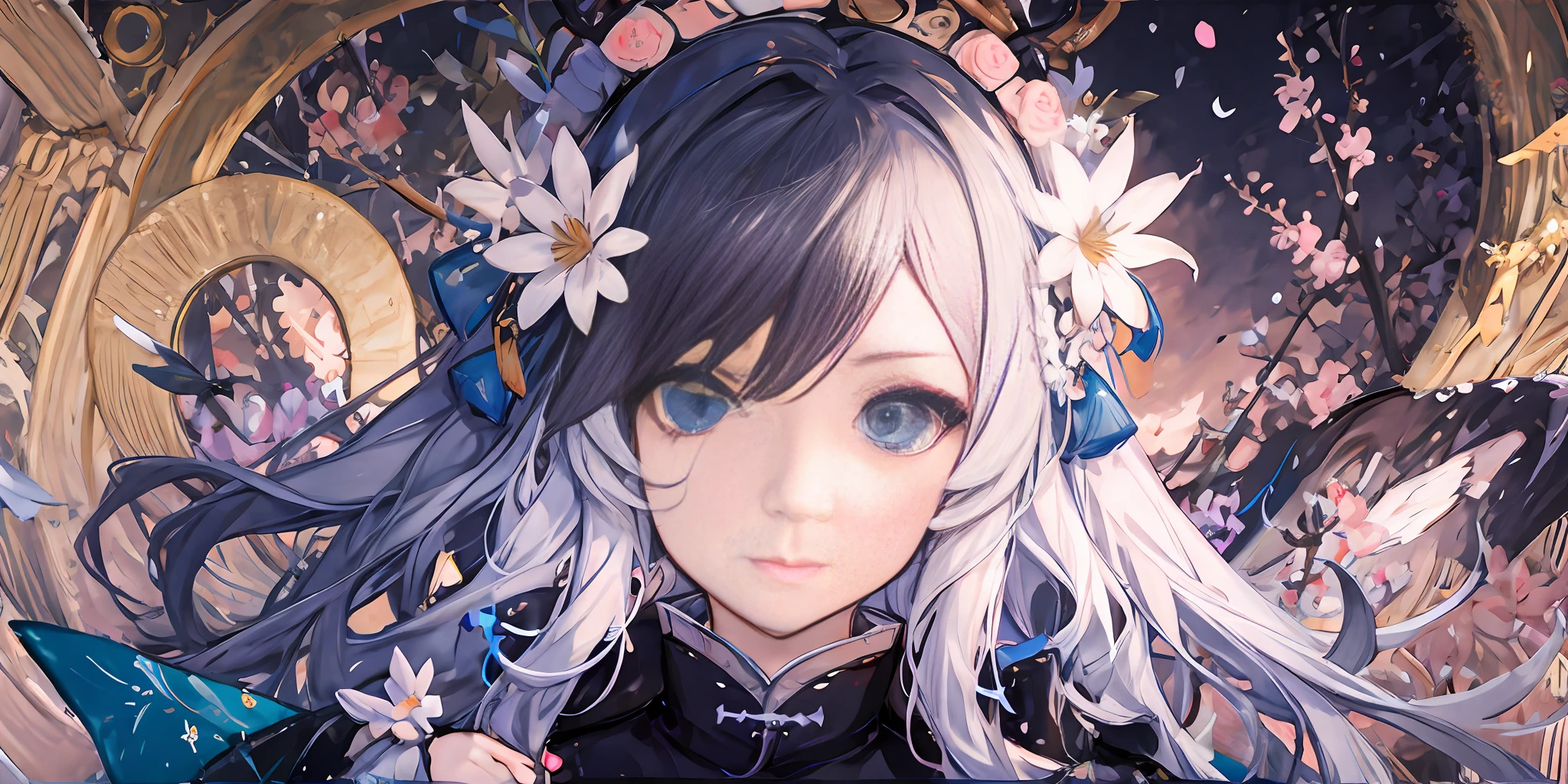 (illustration:1.8),(best quality),(masterpiece:1.5),masterpiece,png,(extremely detailed CG unity 8k wallpaper), (colorful),warm,Chinese style,(ink splashing),(color splashing),((watercolor)),(1 Chinese girl:1.8),solo, depth of field,dramatic angle,(Silver detailed cyan_ribbon and white flowers in the girl's long black_hair:1.25), (detailed black_hair:1.35), ,((gold_black Taoist robes:1.35)),(braid), (detailed beautiful face:1.3),detailed symmetrical_Blue_eyes,,
(Ancient palace background far away:1.55),A slight light, (pink flower:1.2),chiaroscuro, ((lotus) in beautiful detailed flowing_clouds_sea:1.3), Rayleigh scattering,(feather headdress:1.15)
