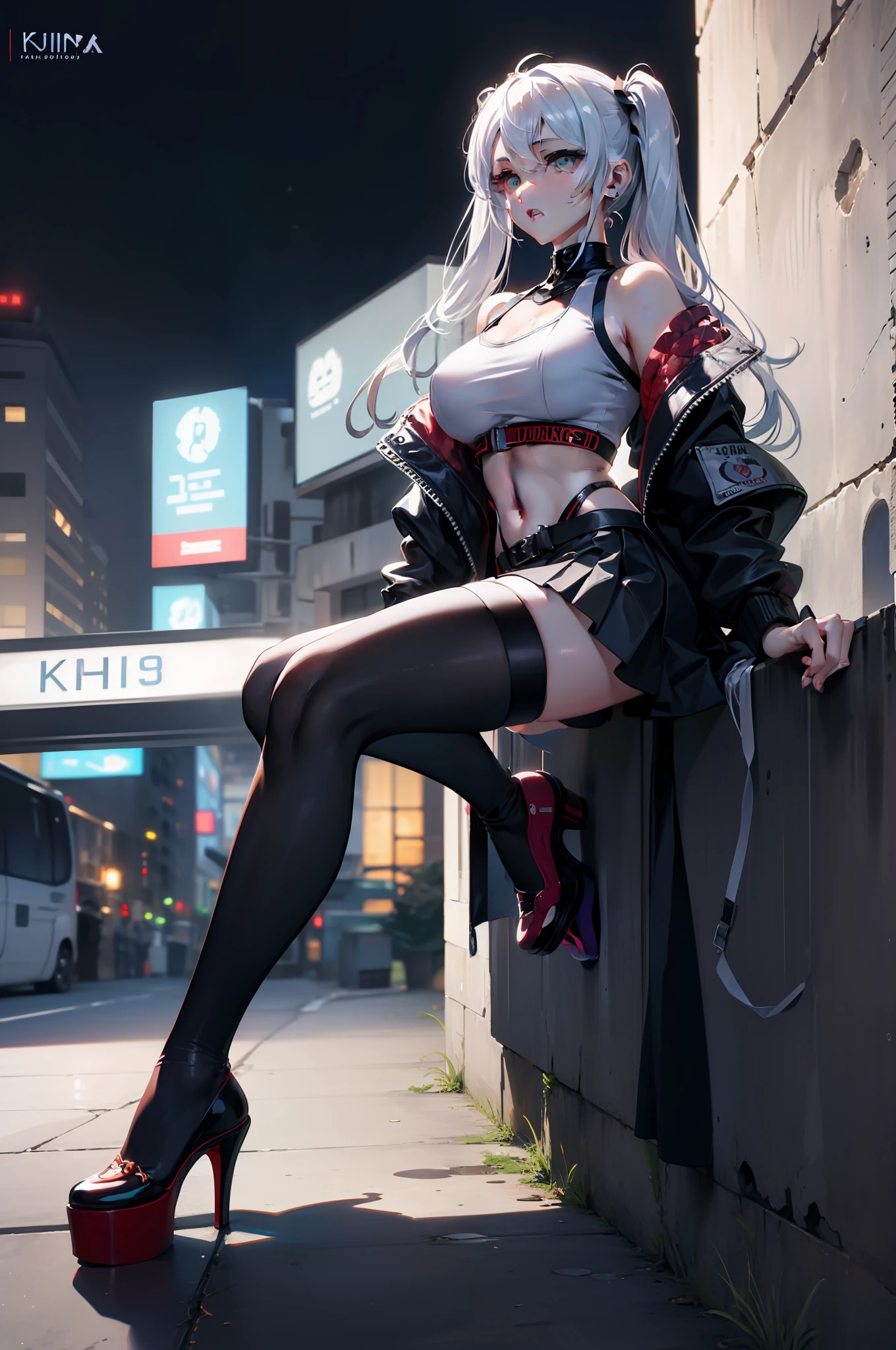 fully body photo, 1womanl, opulent, Raised sexy, being thin, Long gray twin tails sitting on a concrete wall, Wear a miniskirt, Skinny crop top, Open bomber jacket, thigh highs, platform high heels, prefect symmetrical face,Large breasts, dynamicposes, looking at the camera in, Busy city at night, original color photo, Perfectly realistic, incredibily detailed, 8K, hyper HD,Kiana Kaslana