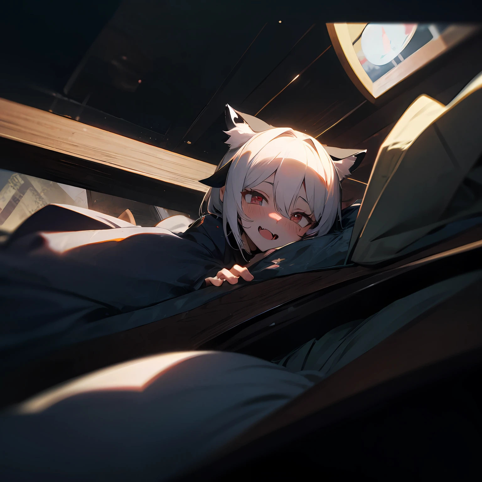 black hair, hair bobbles, wince, longeyelashes, solid circle eyes, fake animal ears, ear blush, fang, white hair, drop shadow, anaglyph, stereogram, tachi-e, pov, atmospheric perspective, Wide-Angle, 8k, super detail, ccurate --auto