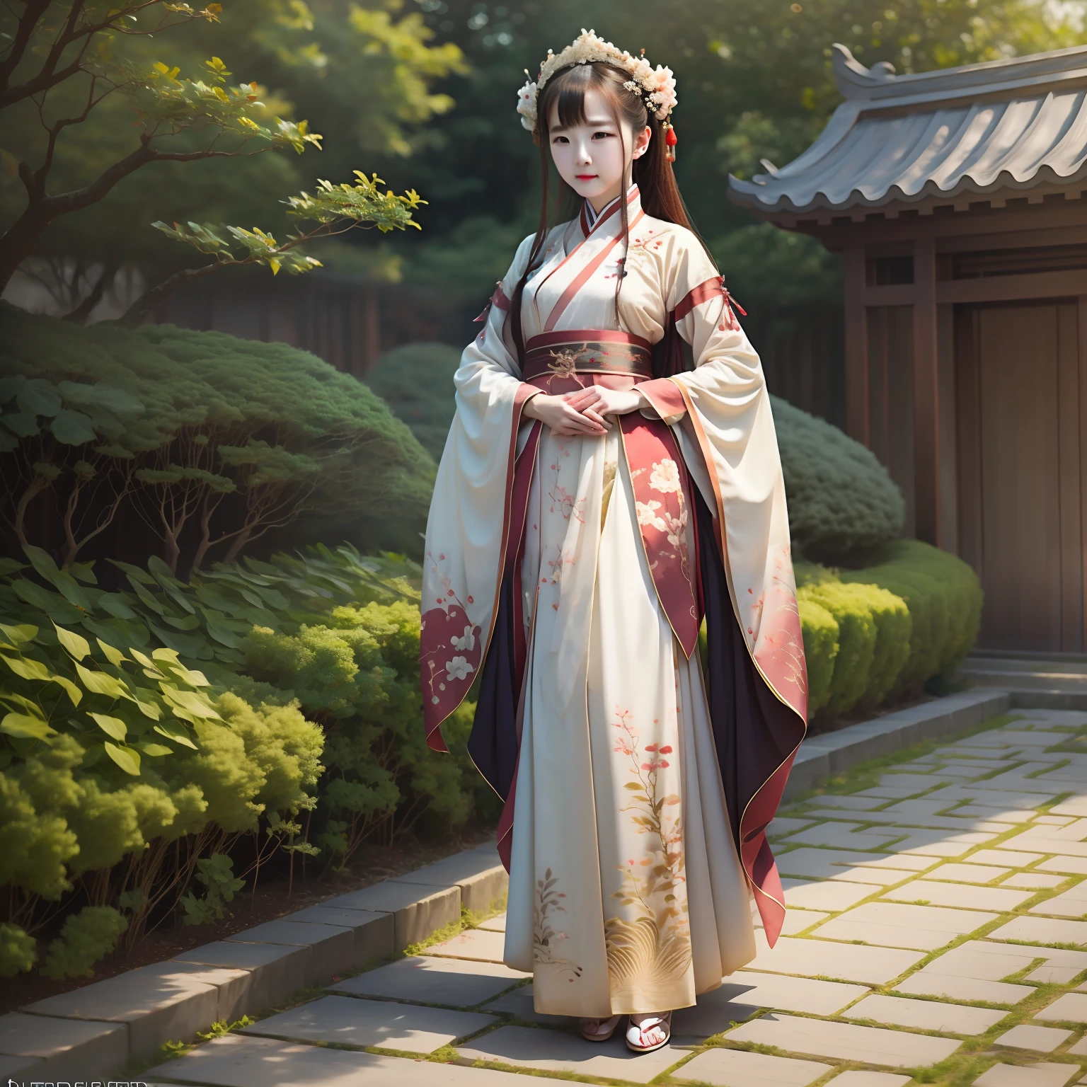A shy long-haired girl realistic photo,Wearing classical Hanfu,Fairy air fluttering,Bare chest,Located between pavilions and pavilions。 --auto