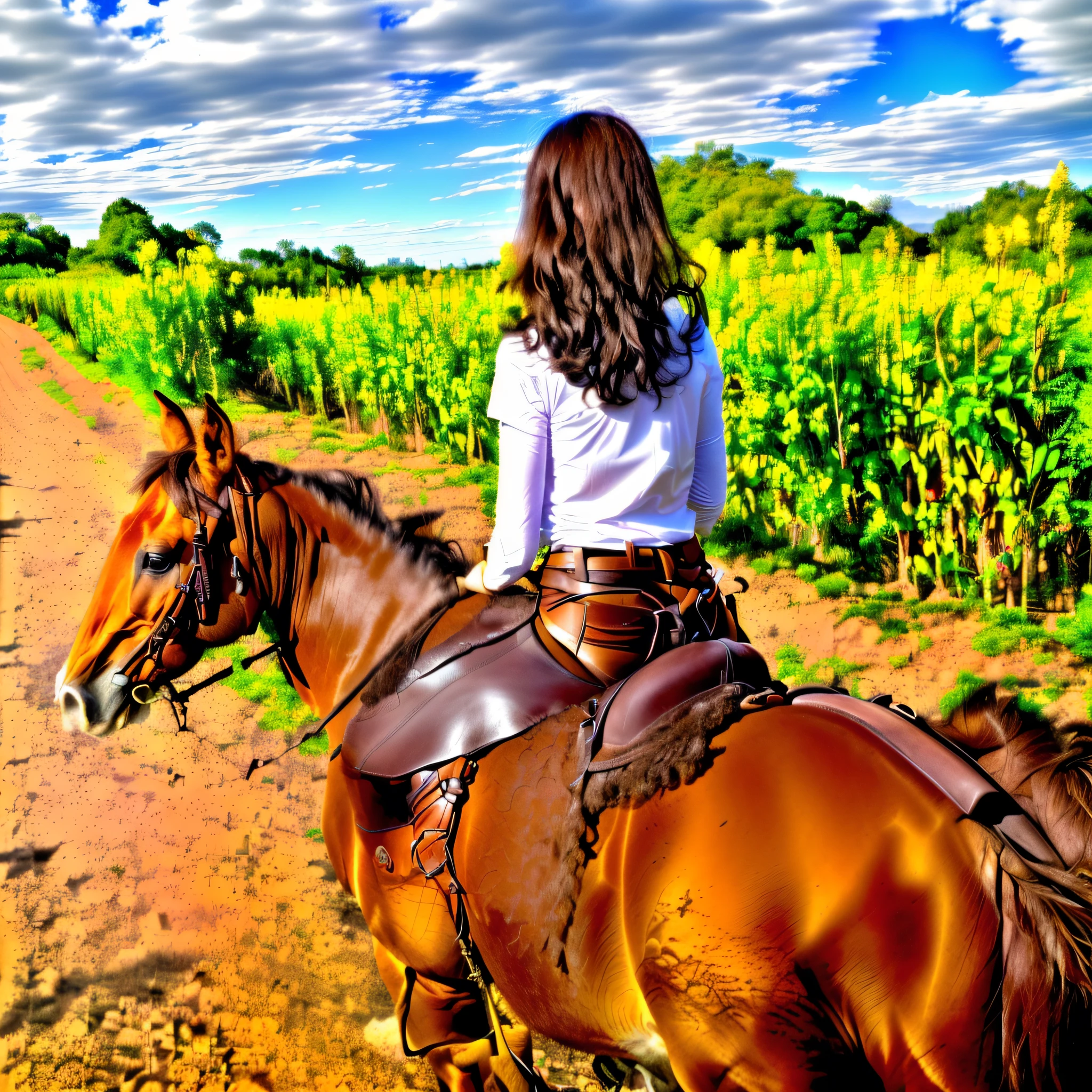There's a woman riding a horse down a dirt road, em um cavalo, andar a cavalo, horseback riding, andar a cavalo, vaqueira, no campo, 👰 🏇 ❌ 🍃, 🤠 usando um 🖥, 🐎🍑, Andar na estrada, vaca-menina, Cowgirl ocidental, cavaleiro, com cavalo conduzido, Vaquero mexicano, cavalo no fundo