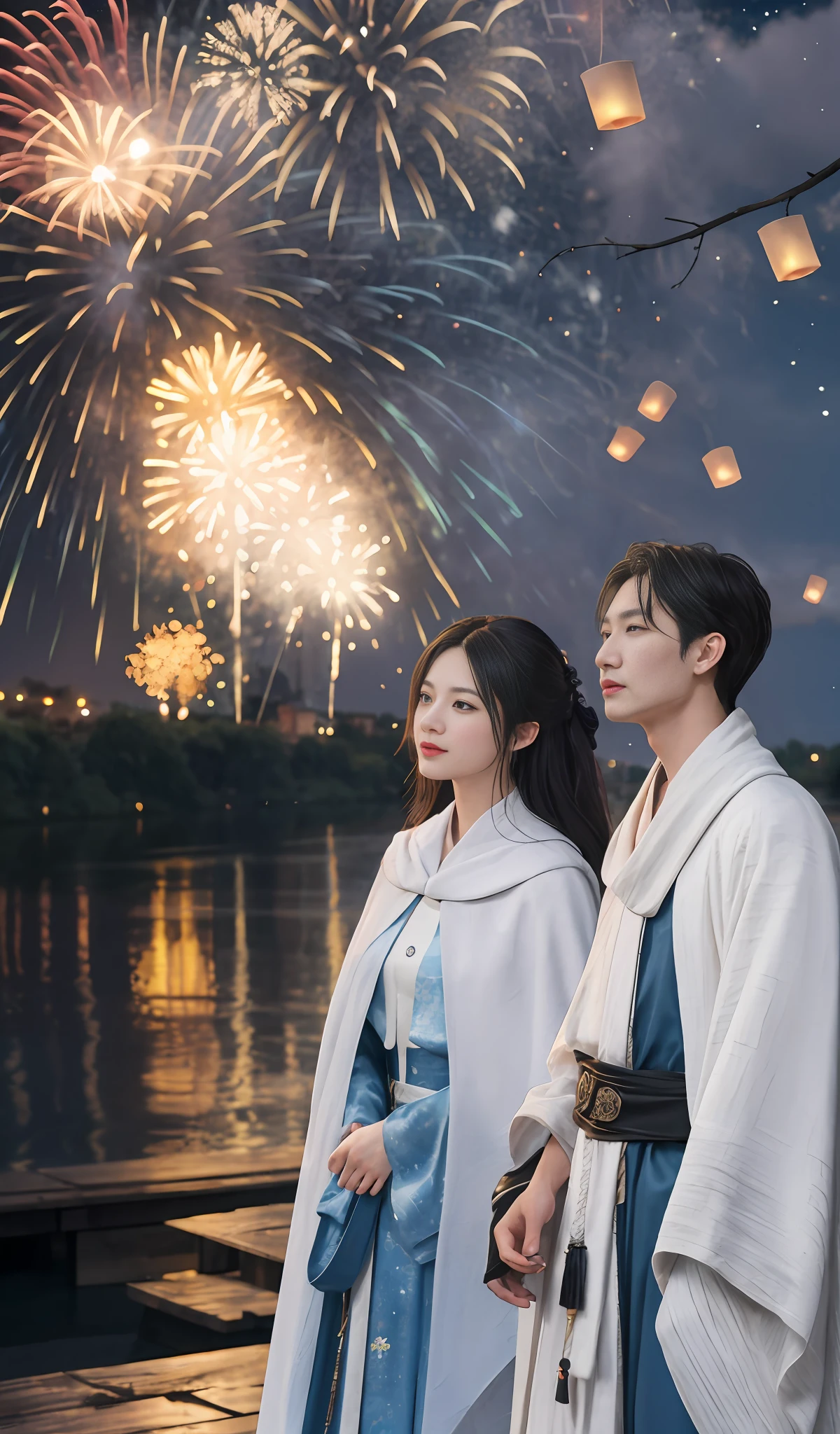 A man and a woman stood side by side，Wearing Han costumes, The woman wears a cloak, Look up at the lights across the river, Fireworks in the starry sky at night, （Kong Ming lantern slowly rising, River lamps float in the river）, High detail, romanticism lain, Verism, En plein air, kanon, Wide-angle, Masterpiece, High details, High quality, Best quality, A high resolution