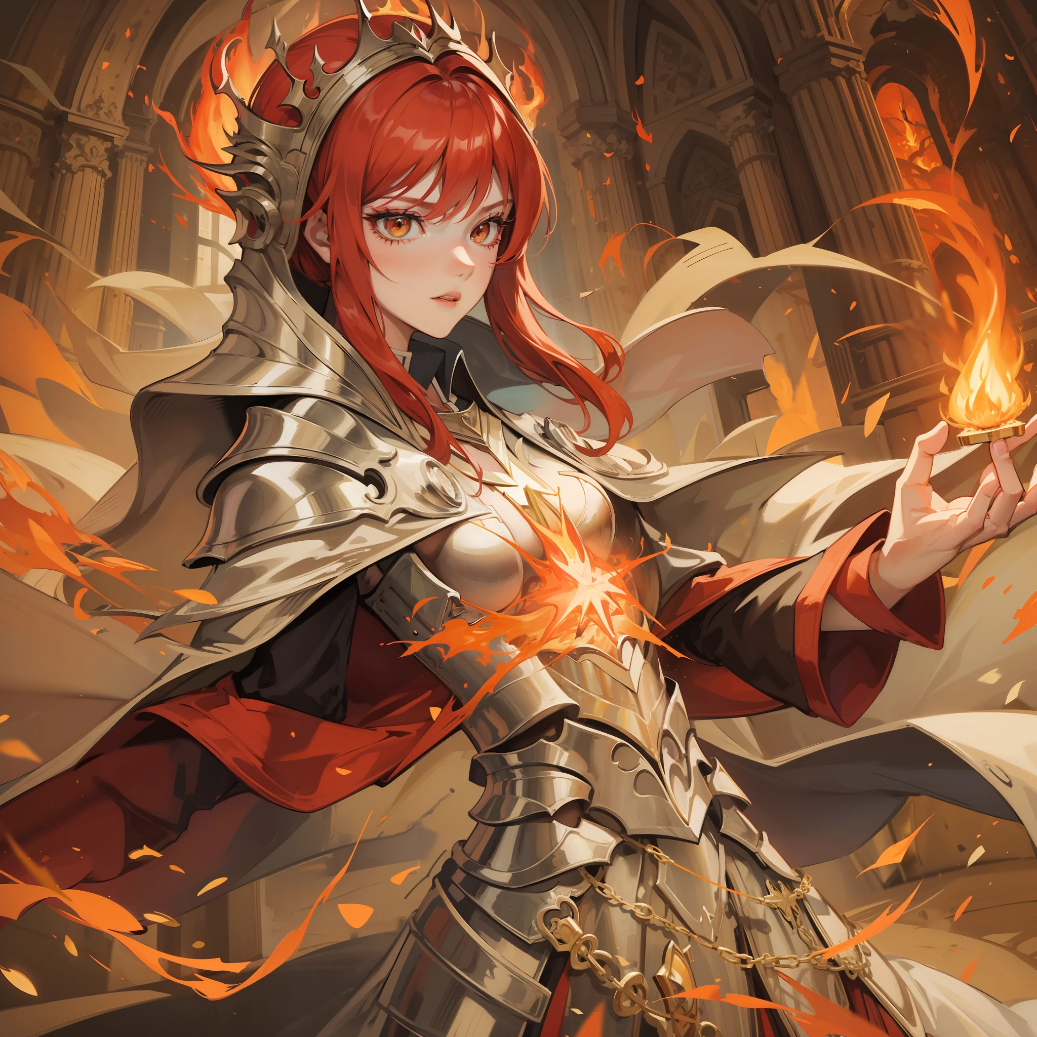 Redhead anime girl standing in church, holy fire spell art, fire spell, flame spell, firemage, holy flame crown spell, holy flame spell, flame conjuring, full portrait of elementalist, wreathed in flame, flame conjuring armored, casting a fire spell, she has fire powers, female mage conjuring a spell,preparing to fight