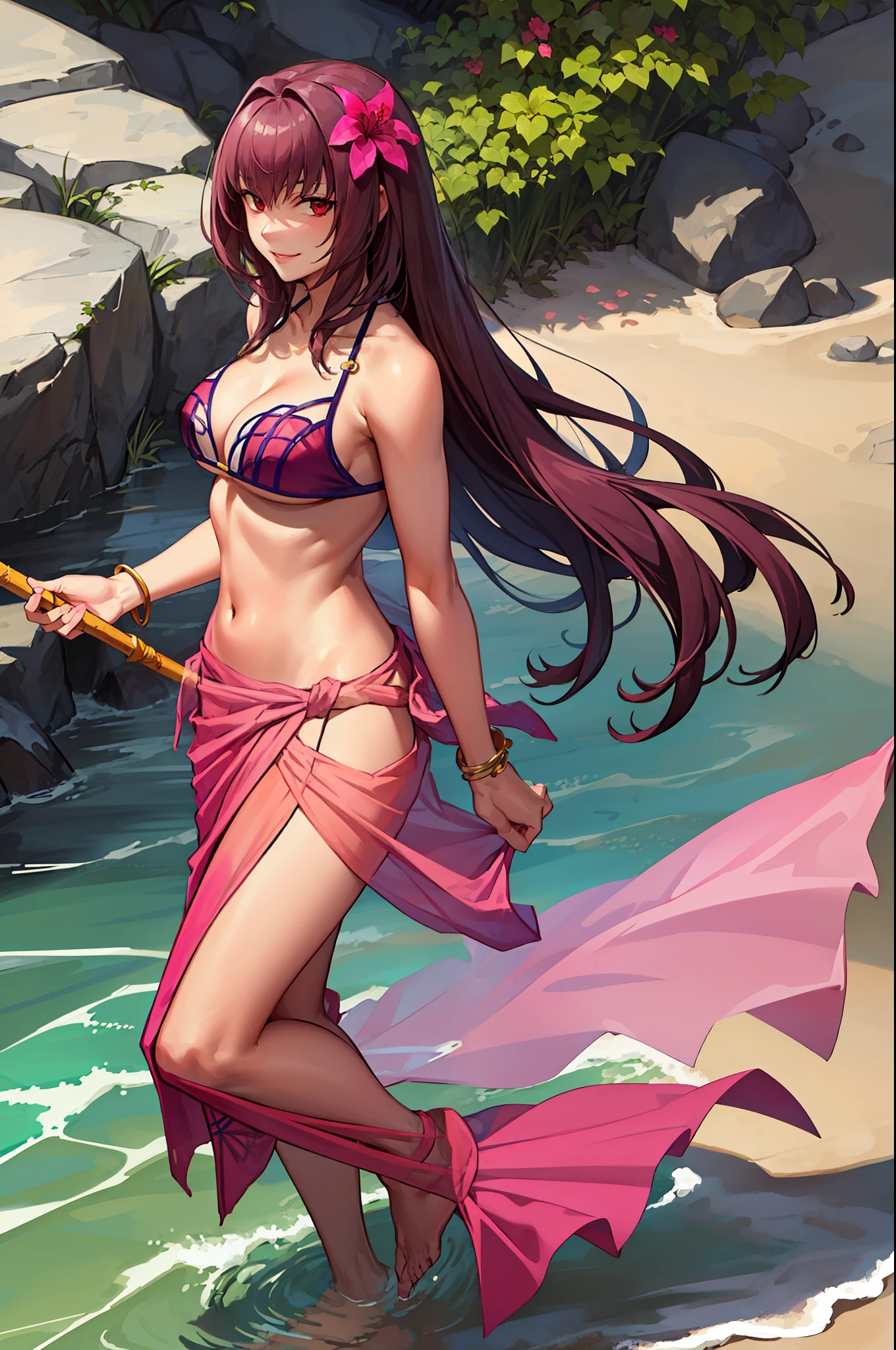 scathach, bikini , masterpiece, best quality, absurdres, 1girl, standing, beach, looking at viewer, smile, (pink sarong:1.3), cowboy shot , long hair