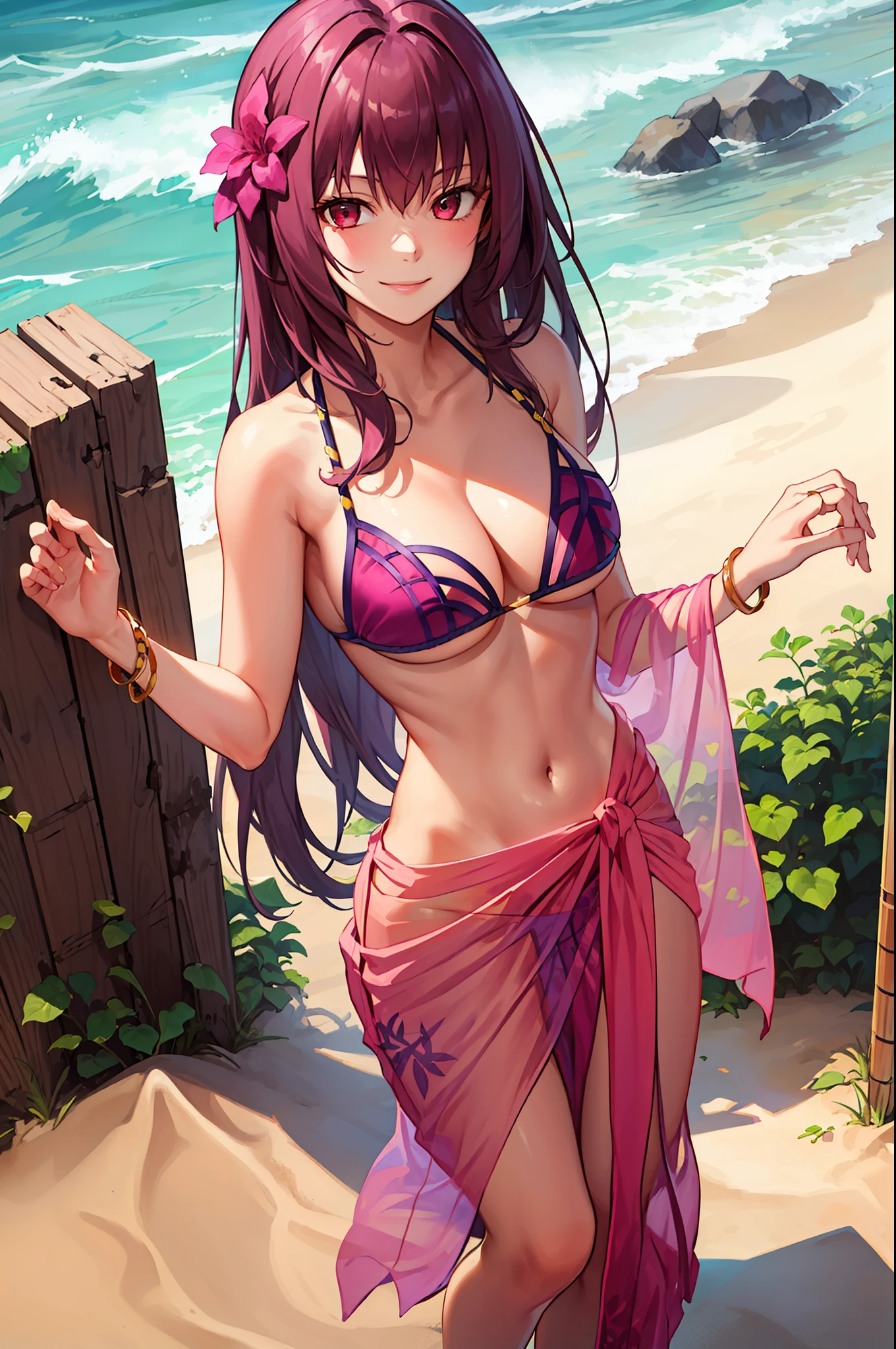 scathach, bikini , masterpiece, best quality, absurdres, 1girl, standing, beach, looking at viewer, smile, (pink sarong:1.3), cowboy shot , long hair