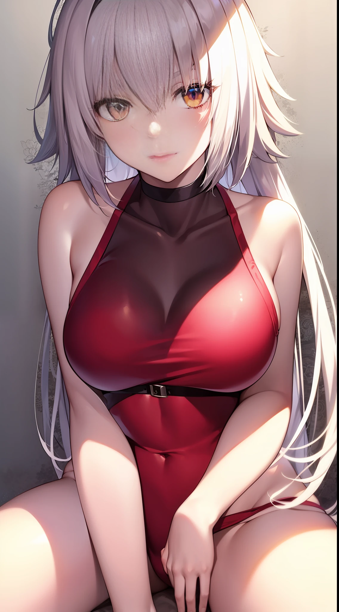 portrait of jeanne darc alter wearing shiny red swimsuit, small breasts