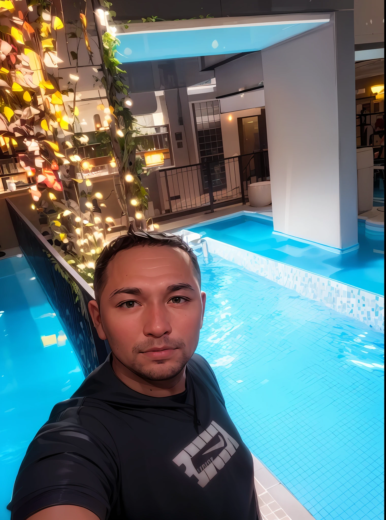 There's a man taking a selfie in front of a swimming pool., 4 0 year old man, 3 2 years old, junto a una piscina tropical, piscina, 38 years old, en una lujosa piscina, 3 6 years old, 2 8 years old, Tomada en Go Pro Hero8, 2 7 years old, 2 9 years old