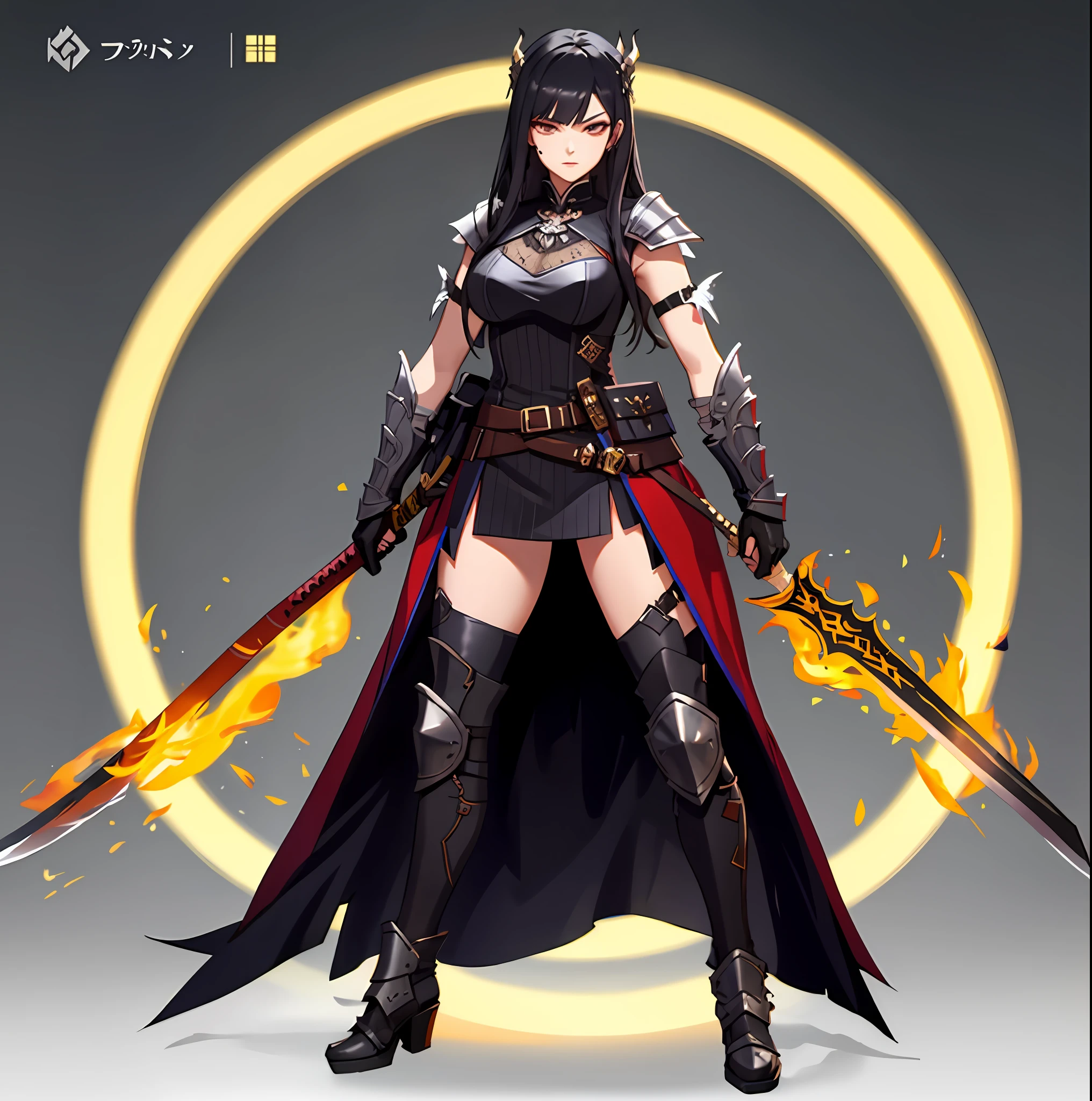 Woman in armor with two swords and a fire ring, katana zero video game character, epic mage girl character, demon noble character design, dark sorceress full view, black - haired mage, valkyrie style character, Female Rouge Assassin, dark sorceress fullbody pose, as a badass monster hunter, flame conjuring armored, warrior character design, female assassin with