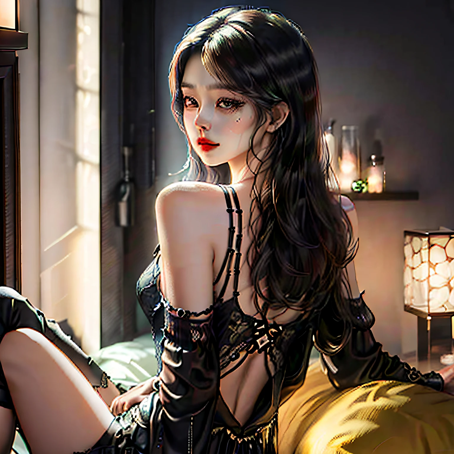 Full-time girlfriend，Wearing black lace underwear，The kinky is exposed，Hot figure ，chineseidol，Expose the whole body，Sit in your boyfriend's arms with your legs apart --auto