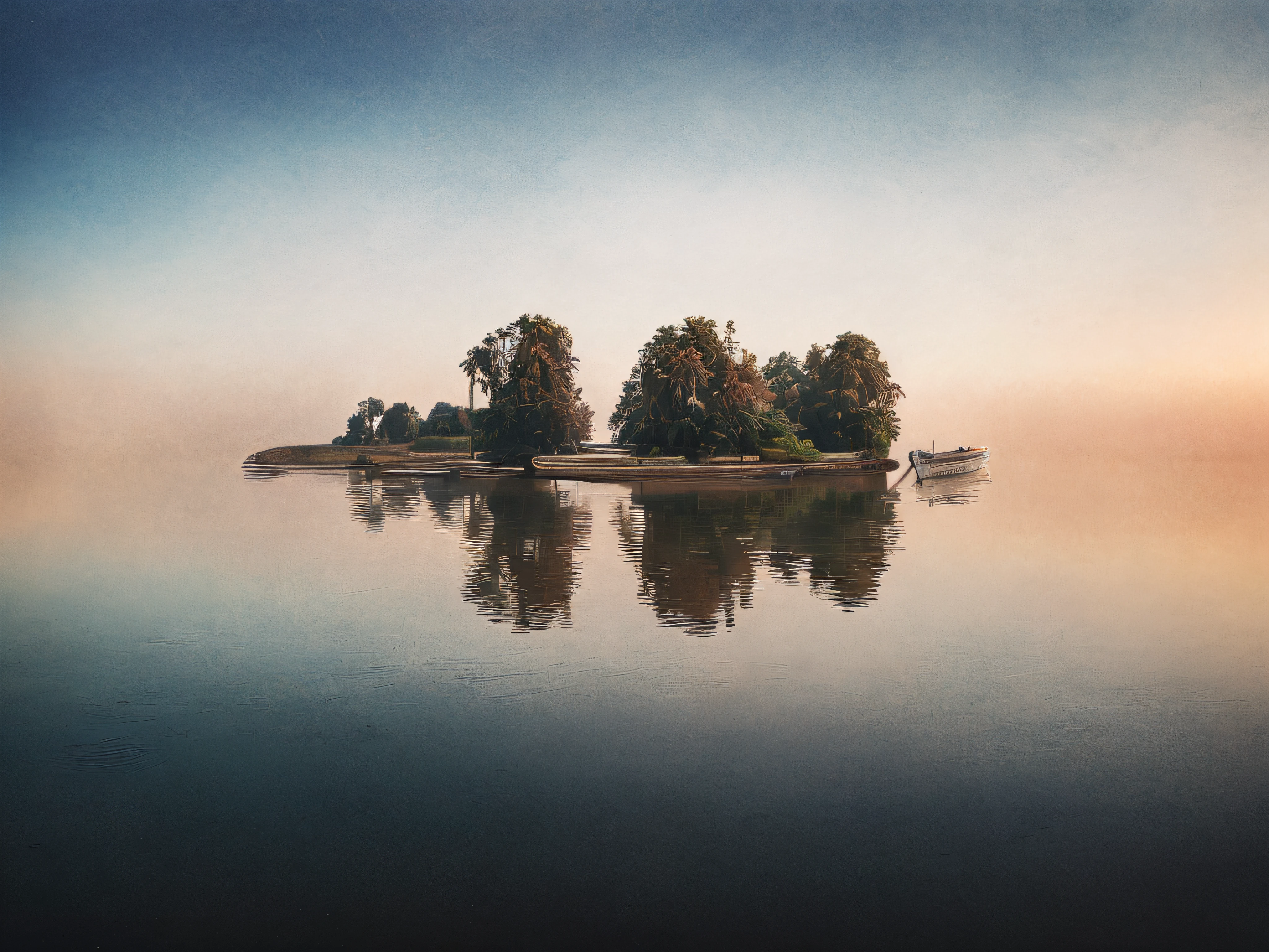 there is a small island with a boat on the water, by Artur Tarnowski, epic matte painting of an island, island landscape, an island floating in the air, mikko lagerstedt, inspired by Gediminas Pranckevicius, in a serene landscape, island floating in the sky, by Arik Brauer, an island