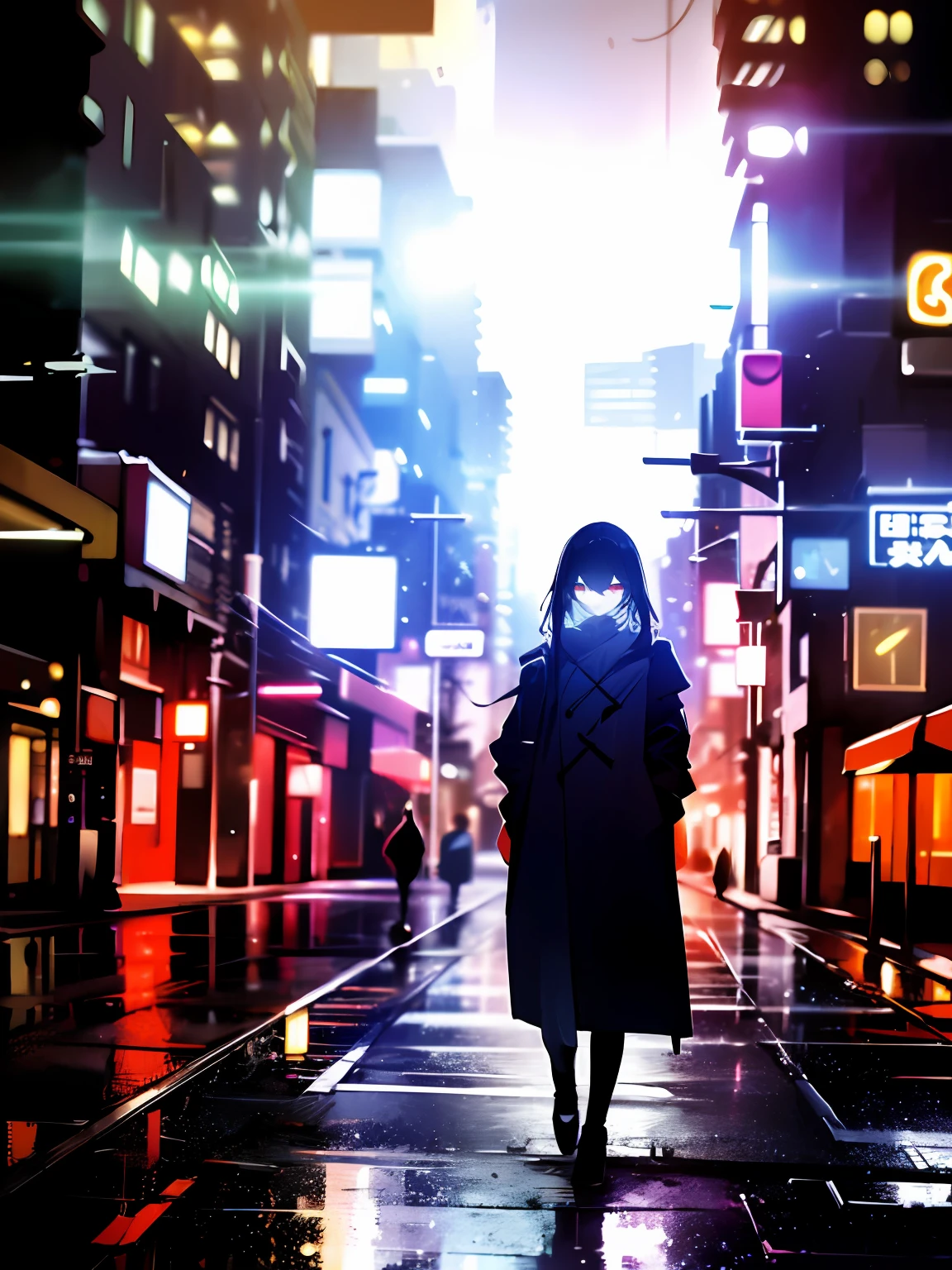 cyberpunk backgrouns, girl in raincoat, Expressionless girl,  Surreal lighting, Mysterious woman,  Colorful city lights,'lone dark figure'!!, wandering in the city，black color hair