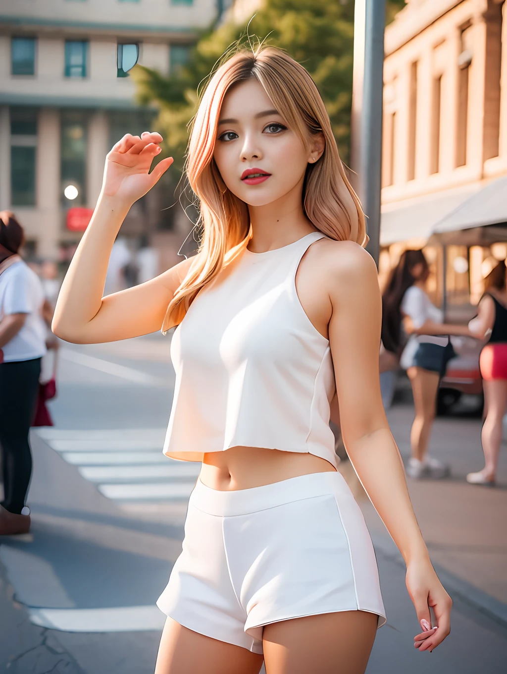 Figures, urban beautiful girl college students, masterpieces, light makeup, red lips, silver hair, messy long hair, street background, beautiful, elegant. Ultra-fine details, master works, real texture, cinematic lighting realism, perfect work, 8k, HD, exquisite facial features, white tight open-cut top, transparent white tight shorts,big boobs, slim figure, bright big eyes, smooth skin, random posing