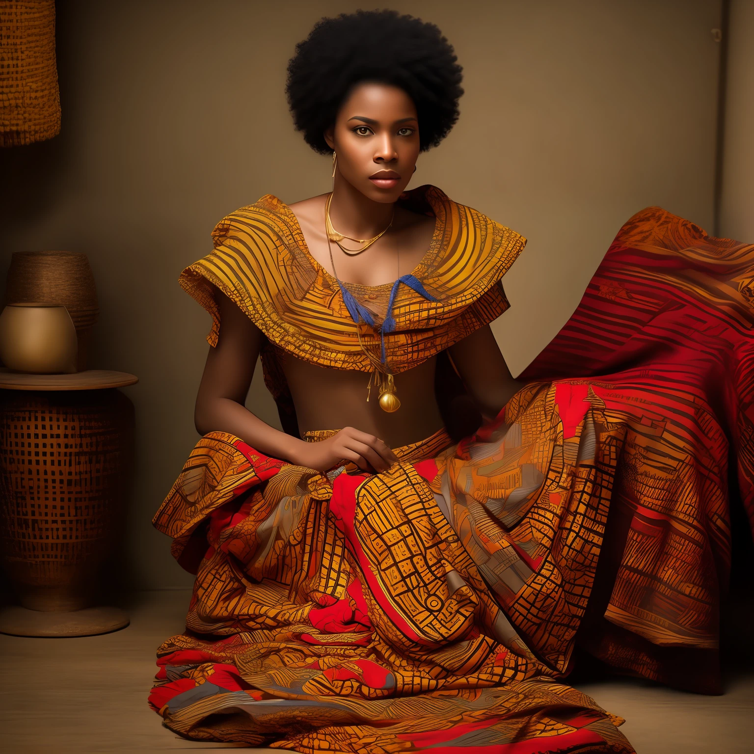 imagem de retrato hiper-realista no estilo Fine Art, retratando uma mulher negra com cabelo Black Power, traditional African clothing and accessories. The woman must emanate a look of empowerment and confidence, while ambient light creates a cinematic atmosphere. The photo should be captured from an accommodated resilient angle to add an artistic touch to the composition. Image needs to be high definition, com detalhes finos, to enhance the beauty and individuality of the protagonist.