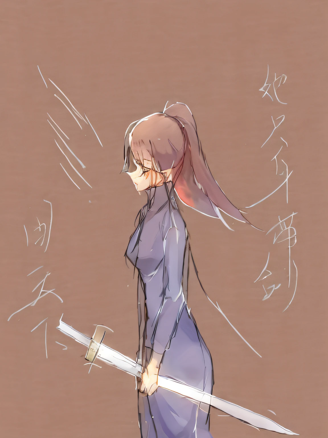a drawing，A woman walks through the street with an umbrella, she is holding a katana sword, holding a sword on her shoulder, unsheathing her katana, she is holding a sword, she is holding a long staff, anime sketch, clean anime outlines, Line sketch, The long sword in her hand, sketchy artstyle, author：New Art