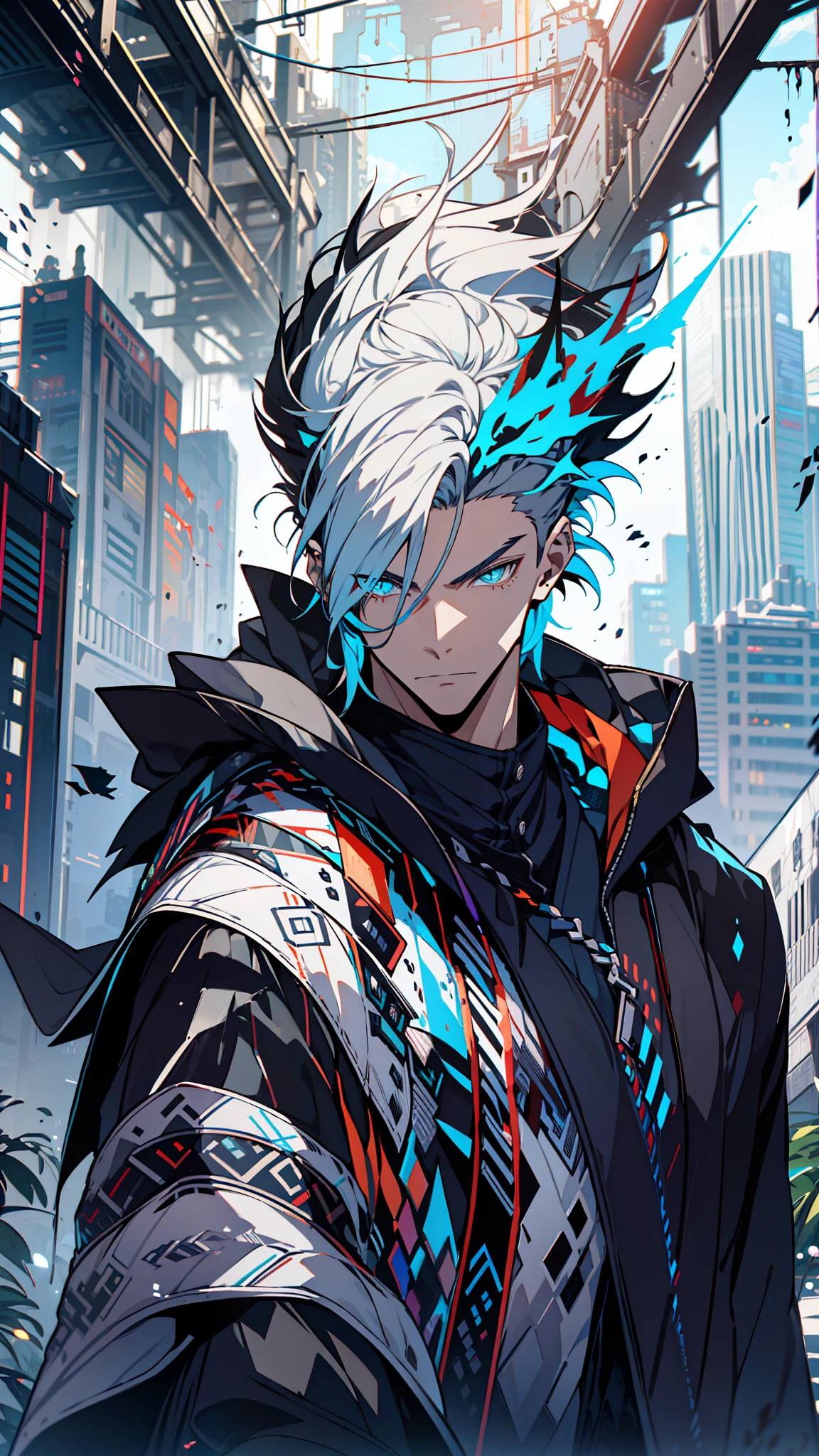 Cyberpunk male, fantasy world, dark background, clean design, epic instagram, artstation, colorful paint splatter, silhouette, hyper detailed intricate details, unreal engine, fantasy, intricate details, splash screen, complementary colors, Fantasy concept art, 8k resolution, deviantart masterpiece, oil painting, heavy strokes, paint dripping, (isolated on white background: 1.3), rainbow skin, (((handsome young man))), ((age:1.5) ), (glowing blue eyes), ((light eyes)), ((((short white hair: 1.1))), ((black clothes)), (prince\\(indifferent expression\\),, ( ((Wears high detail luxurious black robe))), white hair, frost magic, ((chest) --v 6