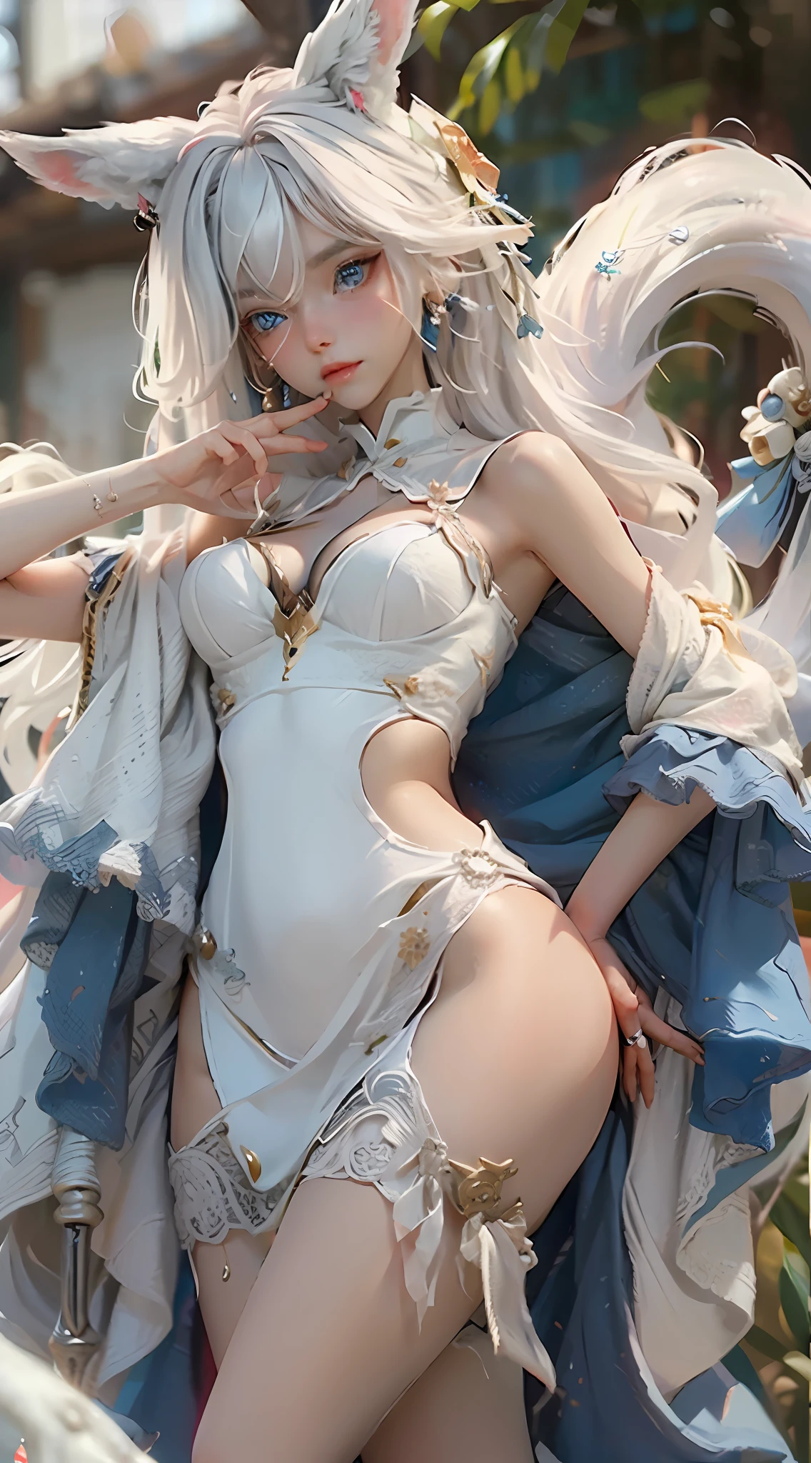 The white exudes a girly atmosphere,Golden-blue heterochromatic eyes,Has fox ears,Pure and cute,Poor milk,Wearing a long white erotic dress,Armed with a sapphire spear