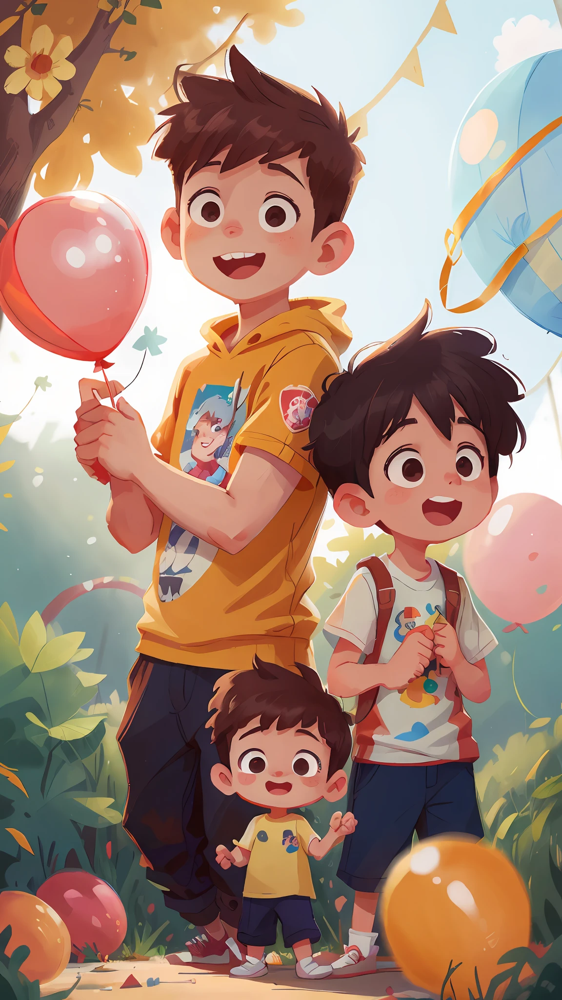 Two boys, amusement park, holding balloons, happy, happy, perfect quality, clear focus (clutter - home: 0.8), (masterpiece: 1.2) (Realistic: 1.2) (Bokeh) (Best quality) (Detailed skin: 1.3) (Intricate details) (8K) (Detail Eyes) (Sharp Focus), (Happy)