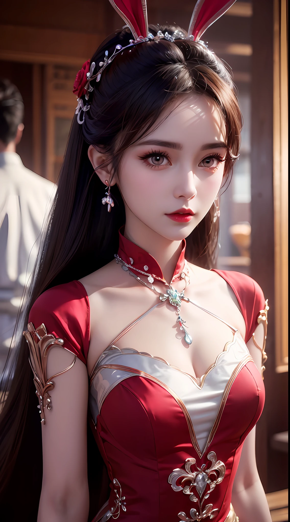1 beautiful girl in beautiful hanfu costume, thin red silk shirt with many yellow motifs, black lace top, light pink rabbit ears, long hair dyed pale purple platinum, beautiful hair jewelry, pretty face cute pretty face, perfect face, earring jewelry, antique jewelry, big red eyes, sharp eye makeup, meticulous eyelash makeup, thin eyebrows, high nose, pretty red lips, no smile, pursed lips, rosy cheeks, big bust, big bust, well-proportioned bust, slim waist, red mesh stockings with black border , Chinese hanfu style, fictional art pattern, vivid and true color, RAW photo, real photo realistic, ultra-high quality 8k surreal photo, cool photo, (virtual lighting effect: 1.8), 10x pixels, magic effect (background): 1.8), (ultra-detailed eye: 1.8), (eyelids): eyes): red: 1.8), (black eye pupil: 1.8)beautiful girl portrait, alone girl, ancient hanfu background, looking directly at the audience, wide original image, 8k quality, super sharp , the most detailed and clear images, detailed bright background,