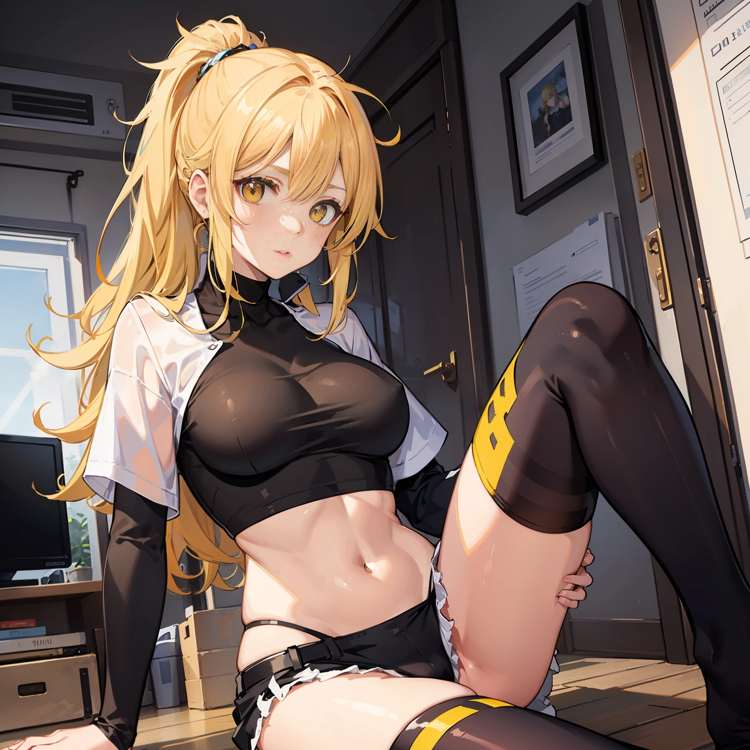 A yellow-haired,High ponytail,Beautuful Women,Messy shirts,tit,full bodyesbian,Golden eyes,over knee socks